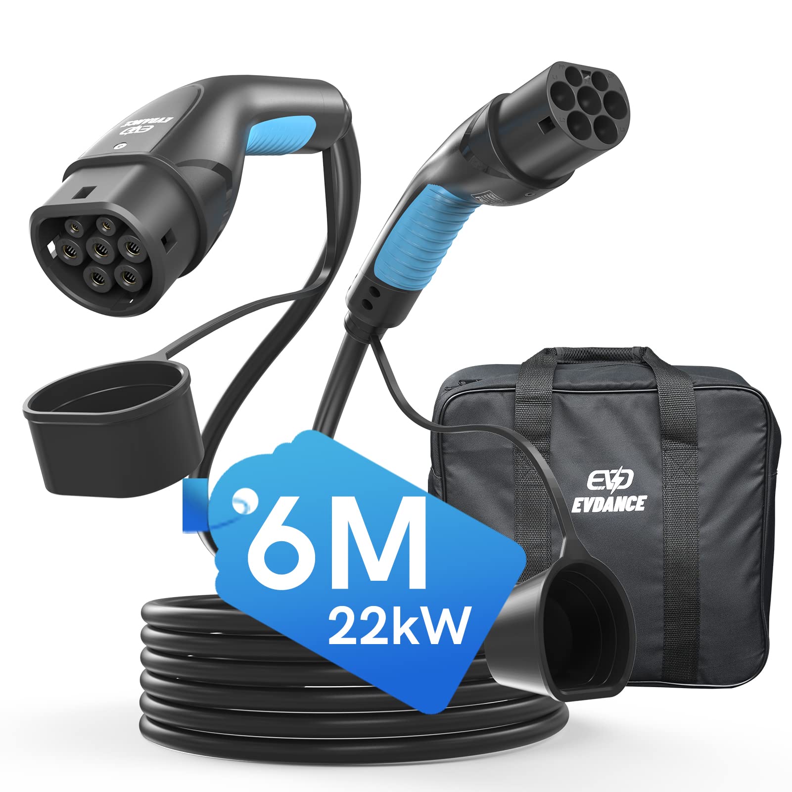 EVDANCE Typ 2 Ladekabel 22KW 6m 32A 3 Phasig, Ladekabel Typ 2 mit Tasche für E Auto EV/PHEV, Typ 2 auf Typ 2, Mennekes Mode 3 CCS Kabel, Kompatibel mit Y/3/S/ XC40 ID.3 Q4 von EVDANCE