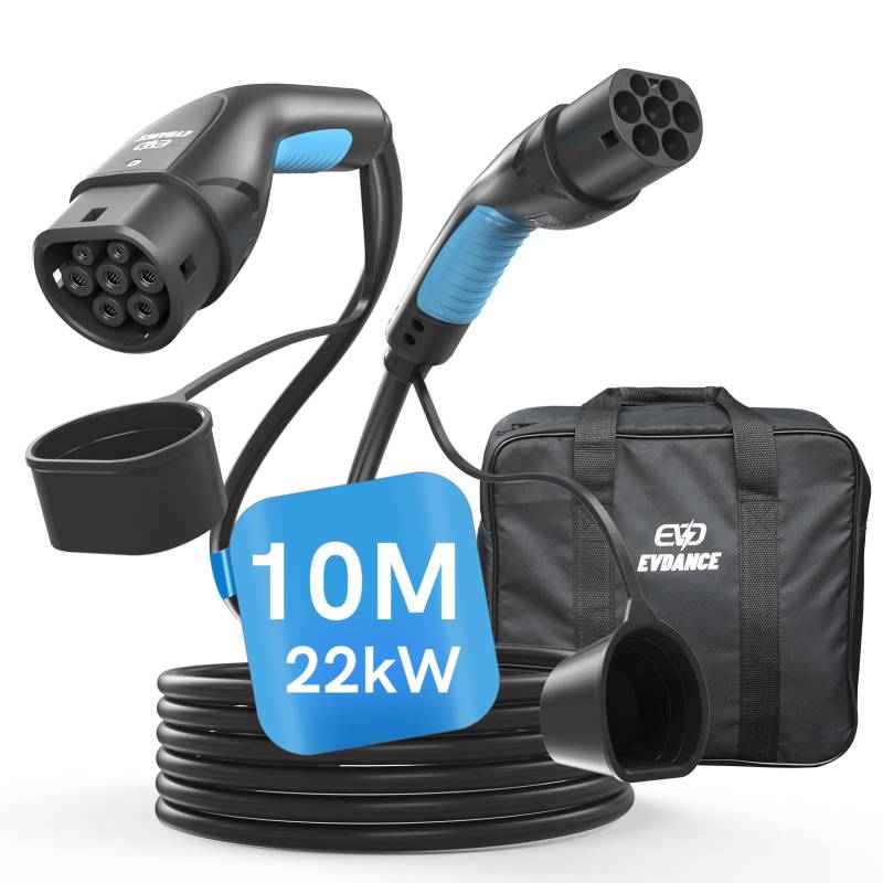 EVDANCE Typ 2 Ladekabel für EV, 22kW 32A 10m 3-Phasen Elektroauto-Ladekabel mit Tasche, Typ 2 zu Typ 2 EV/PHEV Ladekabel Auto, IP65 Wasserdicht (IEC 62196-2) von EVDANCE