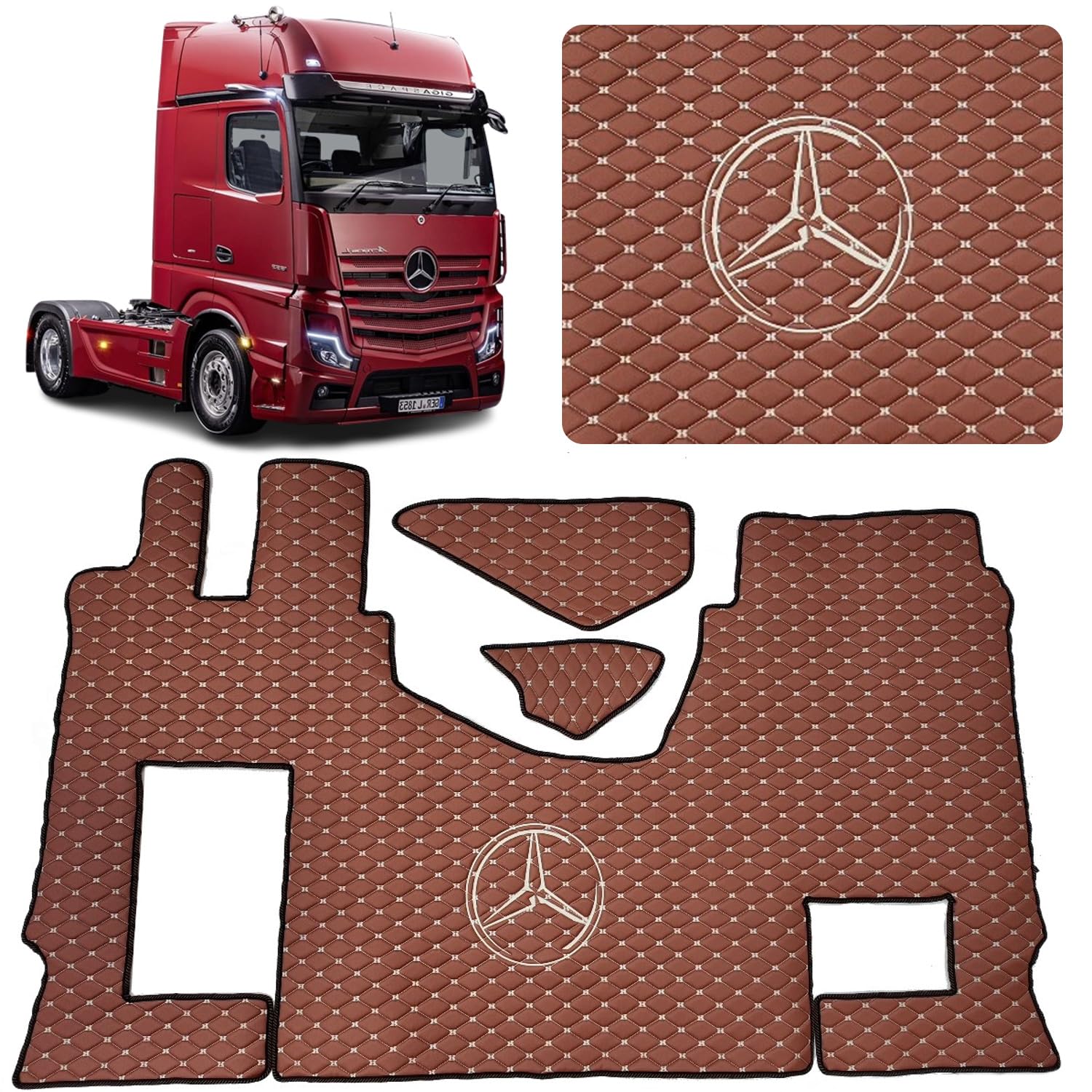 Automatte für das LKW-Fahrerhaus Set kompatibel für Mercedes Actros MP4 MP5 MP6 (Hellbraun, beige Nähaden, Beifahrersitz ungefedert) von EVELTRUCK