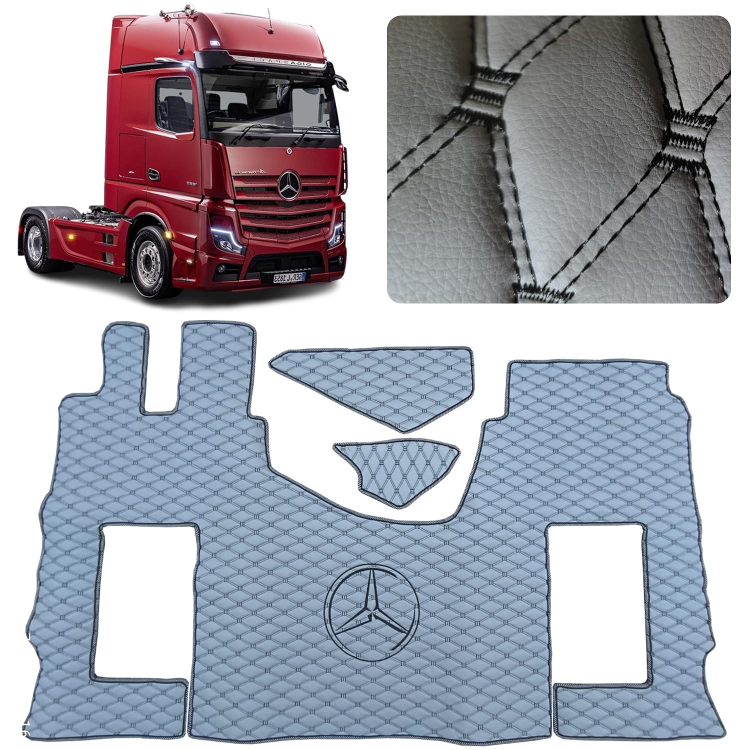 Auto Teppich Automatte für die LKW Fahrerabsatz Kompatibel für Mercedes Actros MP4 MP5 MP6 (Grau, schwarzer Faden, Beifahrersitz gefedert) von EVELTRUCK