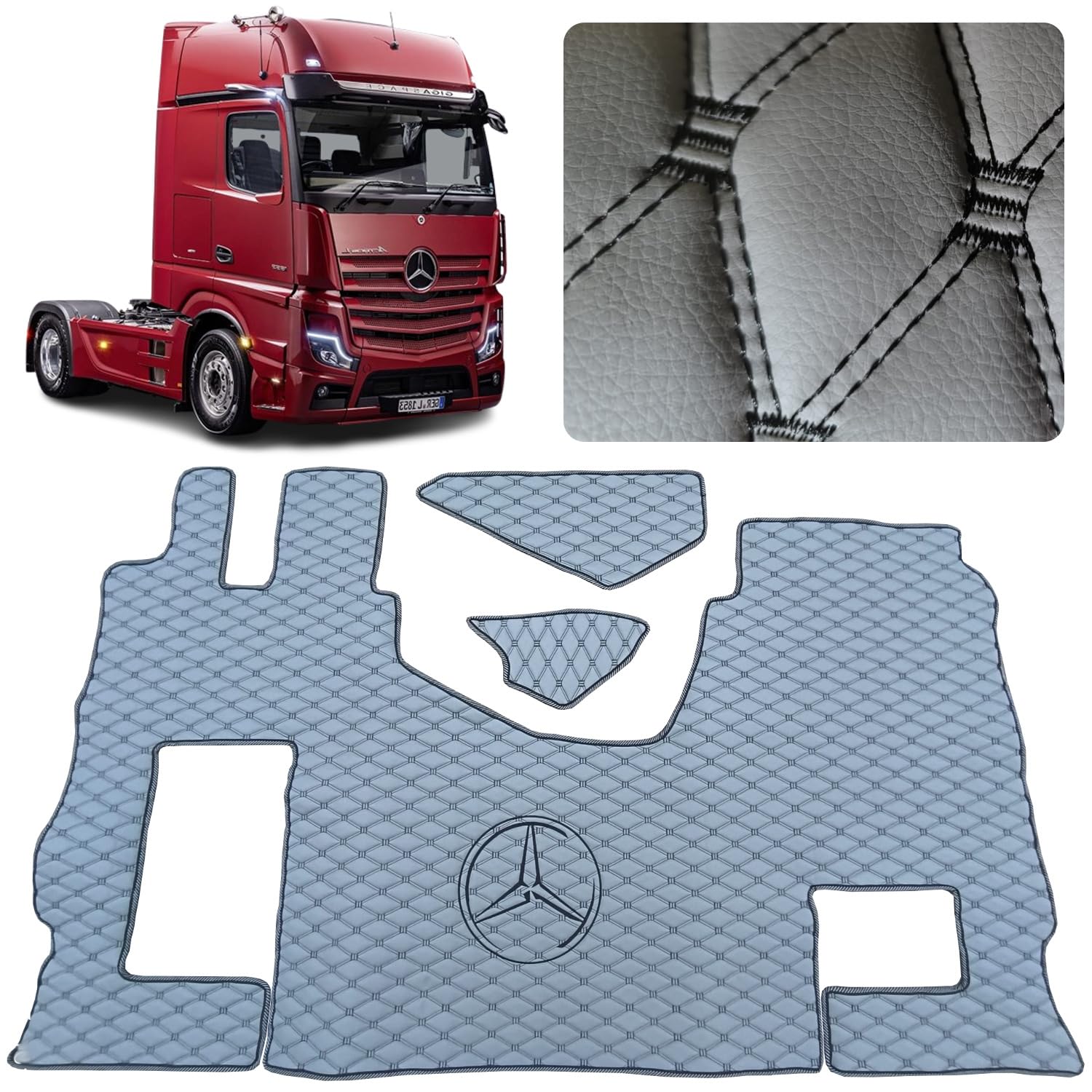 Automatte für das LKW-Fahrerhaus Kompatibel für Mercedes Actros MP4 MP5 MP6 (Grau, schwarzer Faden, Beifahrersitz ungefedert) von EVELTRUCK