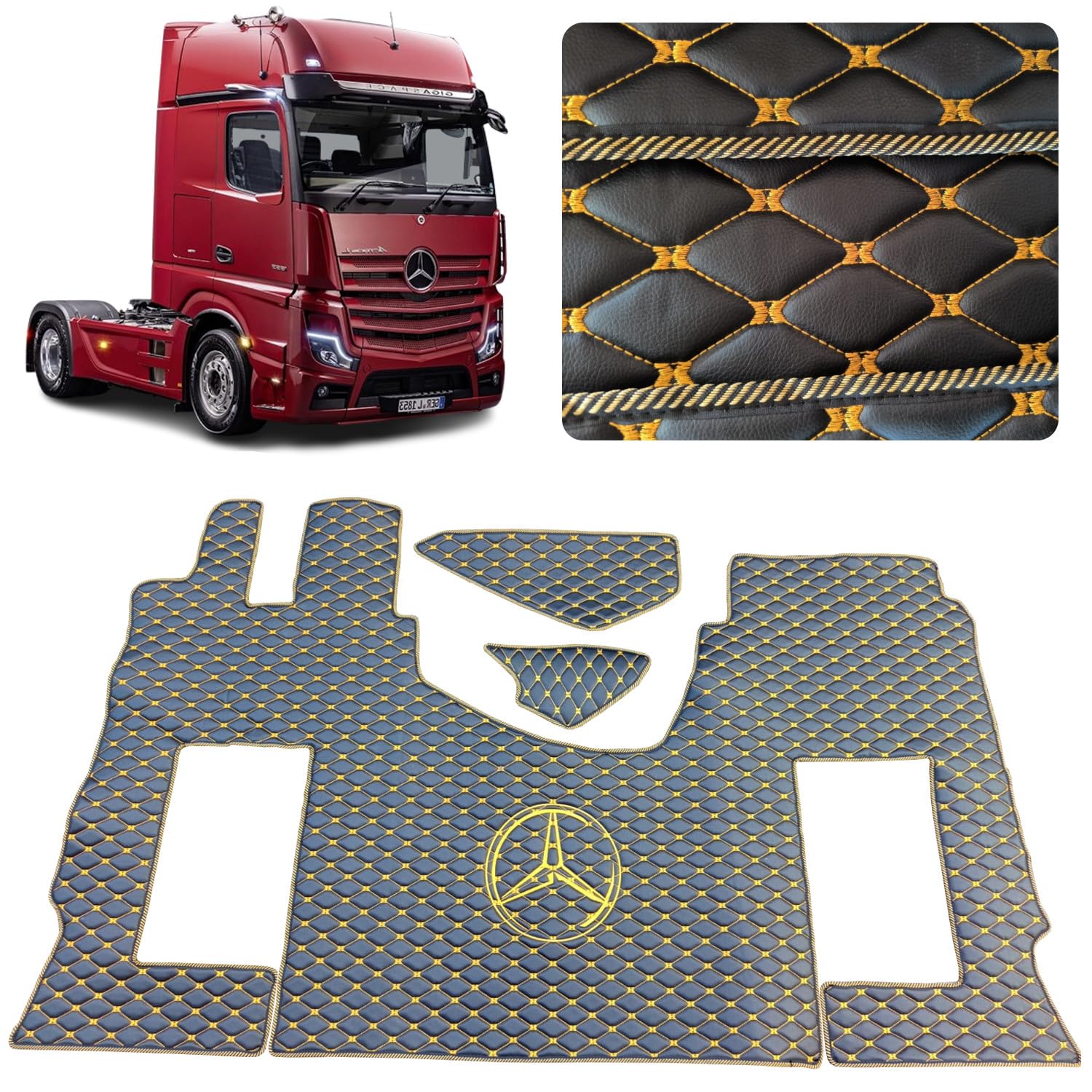 Auto Auto Auto LKW Fahrerabsatz Kompatibel für Mercedes Acros MP4 MP5 MP6 (Schwarz Gold Garn, Beifahrersitz gefedert) von EVELTRUCK