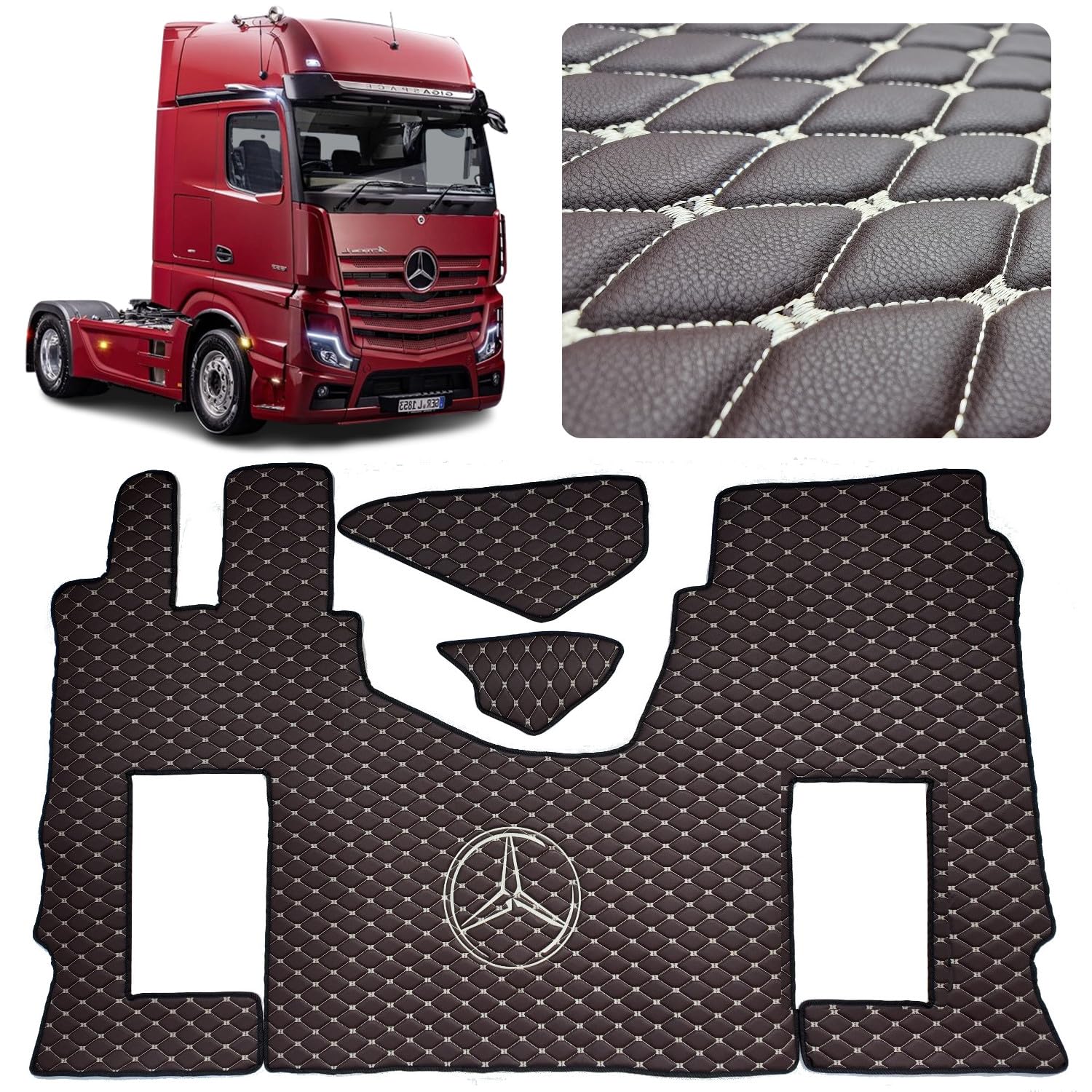 Automatte LKW Fahrerabsatz Set kompatibel mit Mercedes Actros MP4 MP5 MP6 (Dunkel braun, beige Nähaden, Beifahrersitz gefedert) von EVELTRUCK