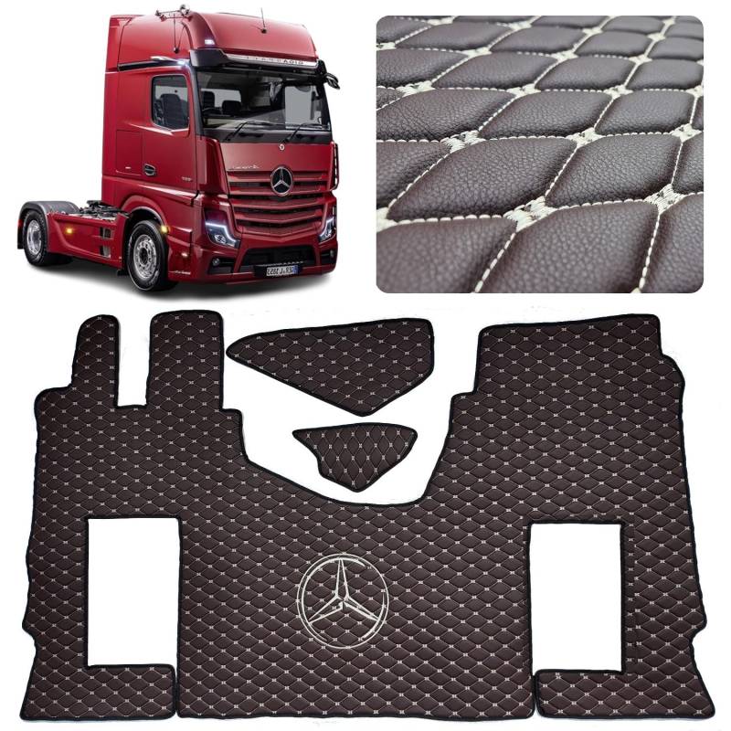 Automatte LKW Fahrerabsatz Set kompatibel mit Mercedes Actros MP4 MP5 MP6 (Dunkel braun, beige Nähaden, Beifahrersitz gefedert) von EVELTRUCK