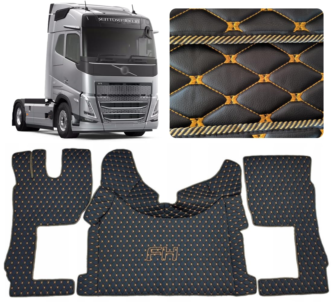 Auto Teppich für LKW Fahrerkabine Set kompatibel mit VOLVO FH4 FH5 FH Aero (Schwarz, goldener Näht) von EVELTRUCK