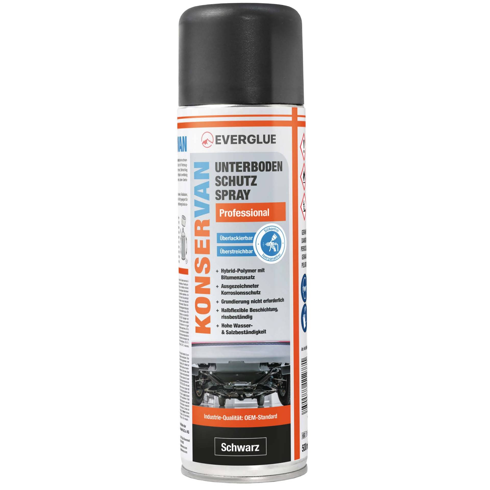 Everglue Konservan Professional Unterbodenschutzspray Hybrid-Polymer mit Bitumenzusatz, schwarz, 500 ml Aerosol dauerhafter Schutz gegen Rost, Steinschlag & Witterung (1) von EVERGLUE