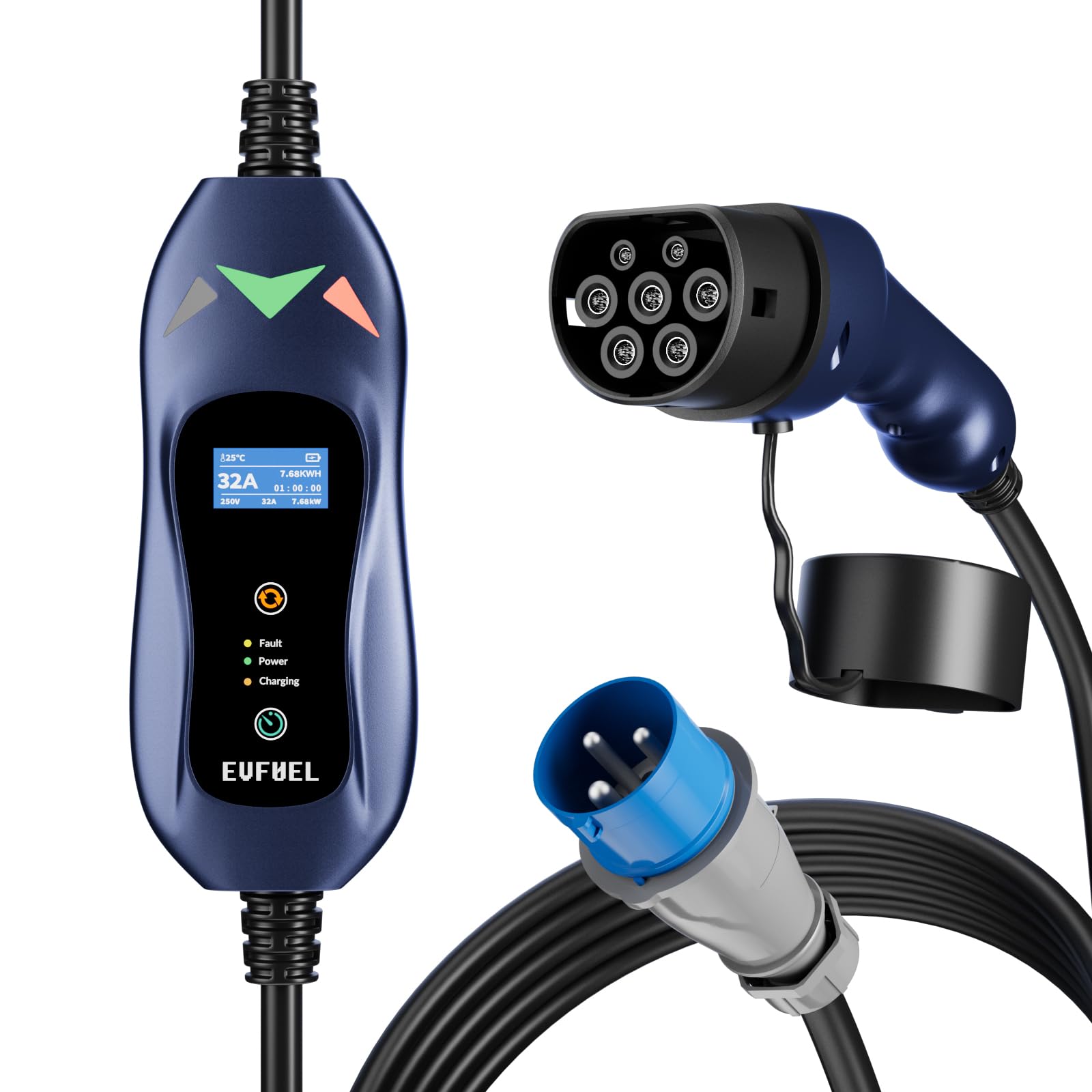 EVFUEL Typ 2 Tragbares EV-Ladekabel mit einstellbarem Strom und verzögerter Ladung für CEE-Stecker, 32A EV-Elektrofahrzeug-Ladegerät mit Bildschirm, IEC 62196-2, 7,6 kW, 5 Meter von EVFUEL