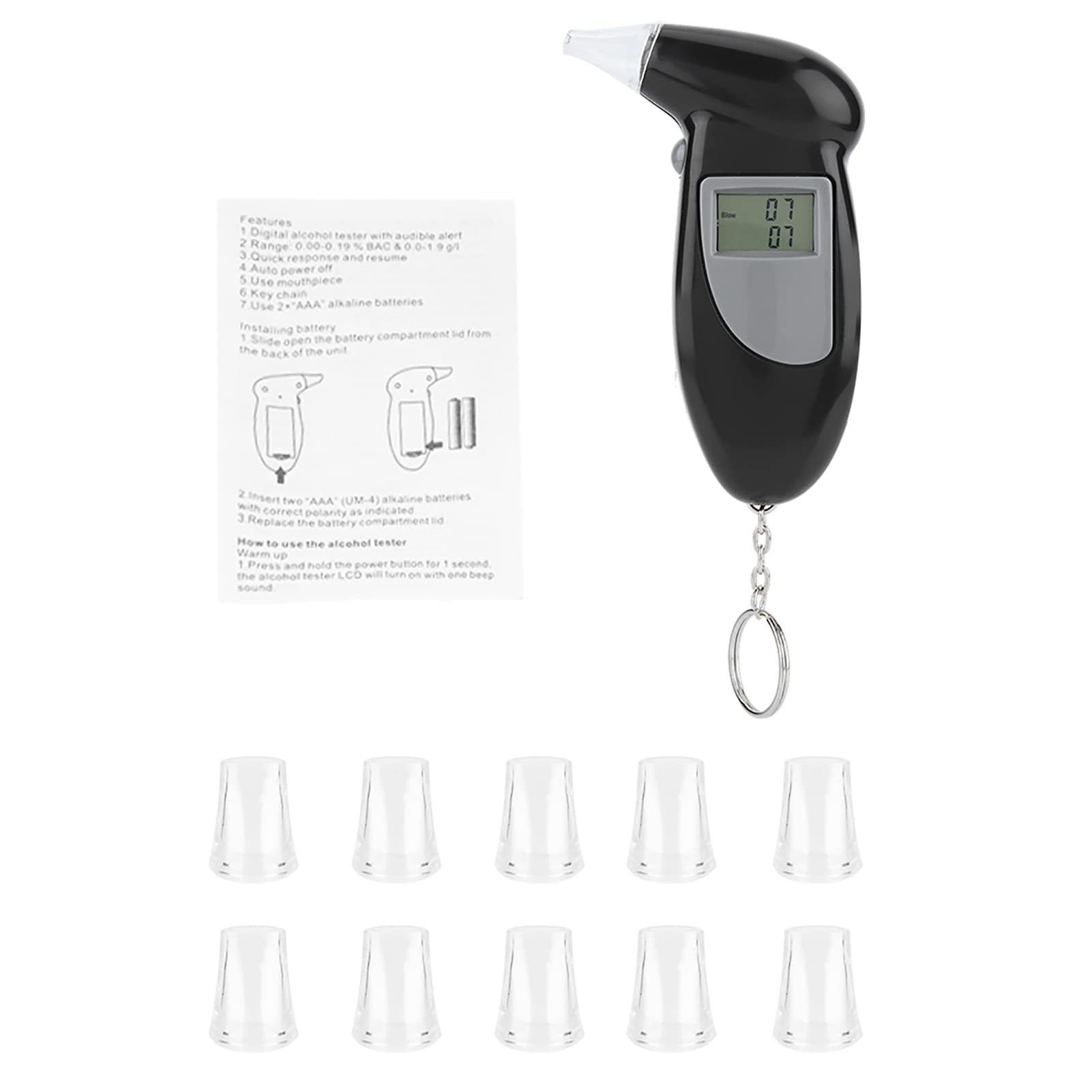 Alkoholtester, digitaler LCD-Bildschirm Alkohol-Atemtester Tragbarer Schlüsselbund-Atemanalysator(10 Stück) von EVGATSAUTO