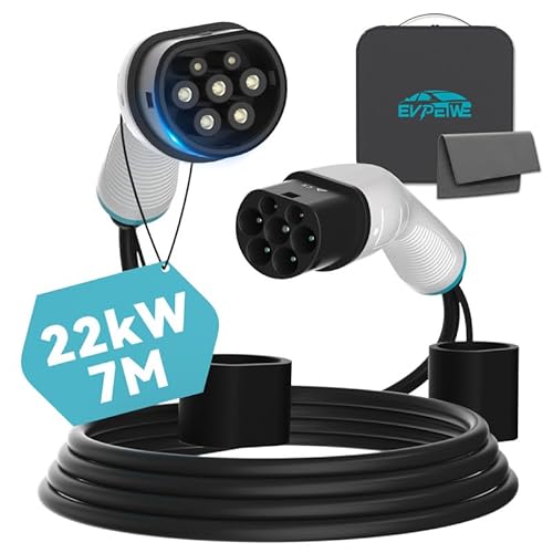 EVPEIWE 22kW 32A Typ 2 EV Ladekabel, 7M Tragbares Typ 2 auf Typ 2 EV-Ladekabel | 480V | 3 Phase | IP55 | für IEC 62196-2 Elektrofahrzeuge & Plug-in-Hybrid Modelle 3/X/Y/S, mit Aufbewahrungstasche von EVPEIWE