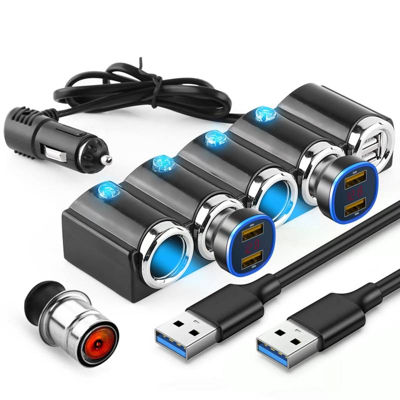 4-Wege-Autoladegerät, Zigarettenanzünder-Splitter, Netzteil Mit Mehrfachsteckdose, Dual-USB-Stecker, 12 V-24 V von EVTSCAN