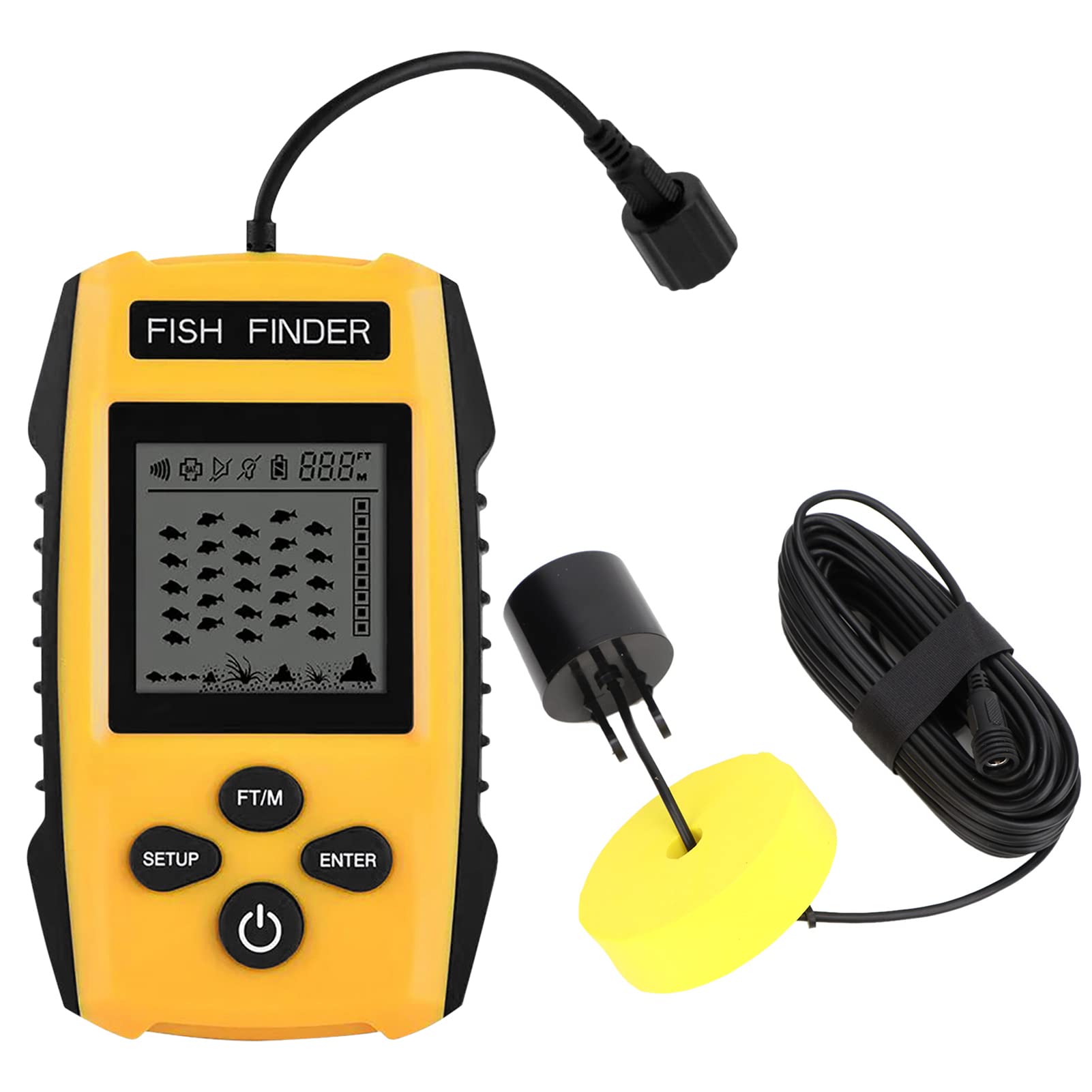 Fischfinder & Tiefenmesser, Konturanzeige für Fischereiausrüstung Fischtiefen-Tiefenanzeige 3 m (1 m) bis 100 m (3 ft) bis Fishing Finder Kayak, Sonarsensor-Wandler und LCD-Display für Bootsfischerei, von EVTSCAN