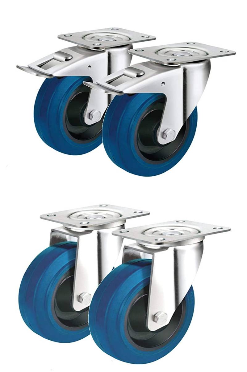 4 Lenkrollen lenkbar Ø 80mm je 2 Lenkrollen mit Feststell-Bremsen sowie 2 Lenk-Rollen ohne Feststeller als Transportrollen, Lager Kugellager Rollenlager blau Rolle Plattenrollen von EXCOLO