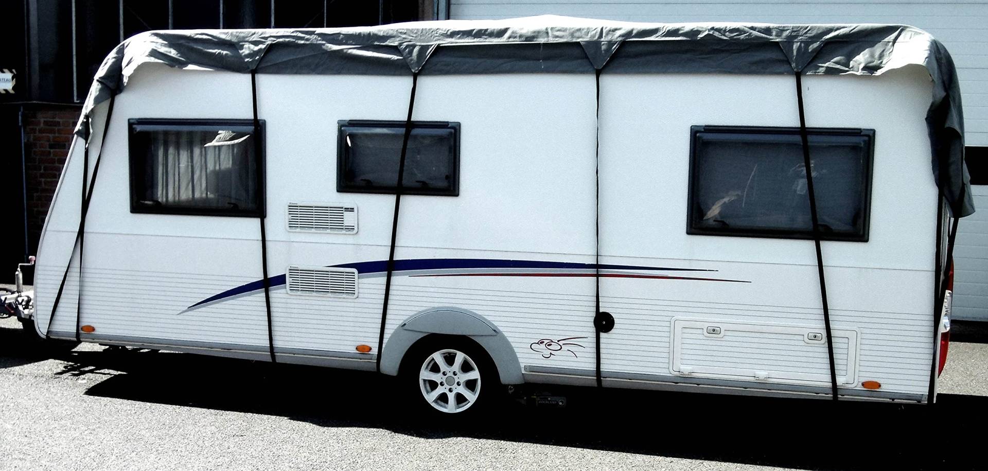 EXCOLO Dachabdeckung Dachplane Dachschutz als Plane Abdeckung Garage für Wohnwagen oder Wohnmobil Caravan Reisemobil in grau 3,0m breit in verschiedenen Längen (5,0m x 3,0m) von EXCOLO