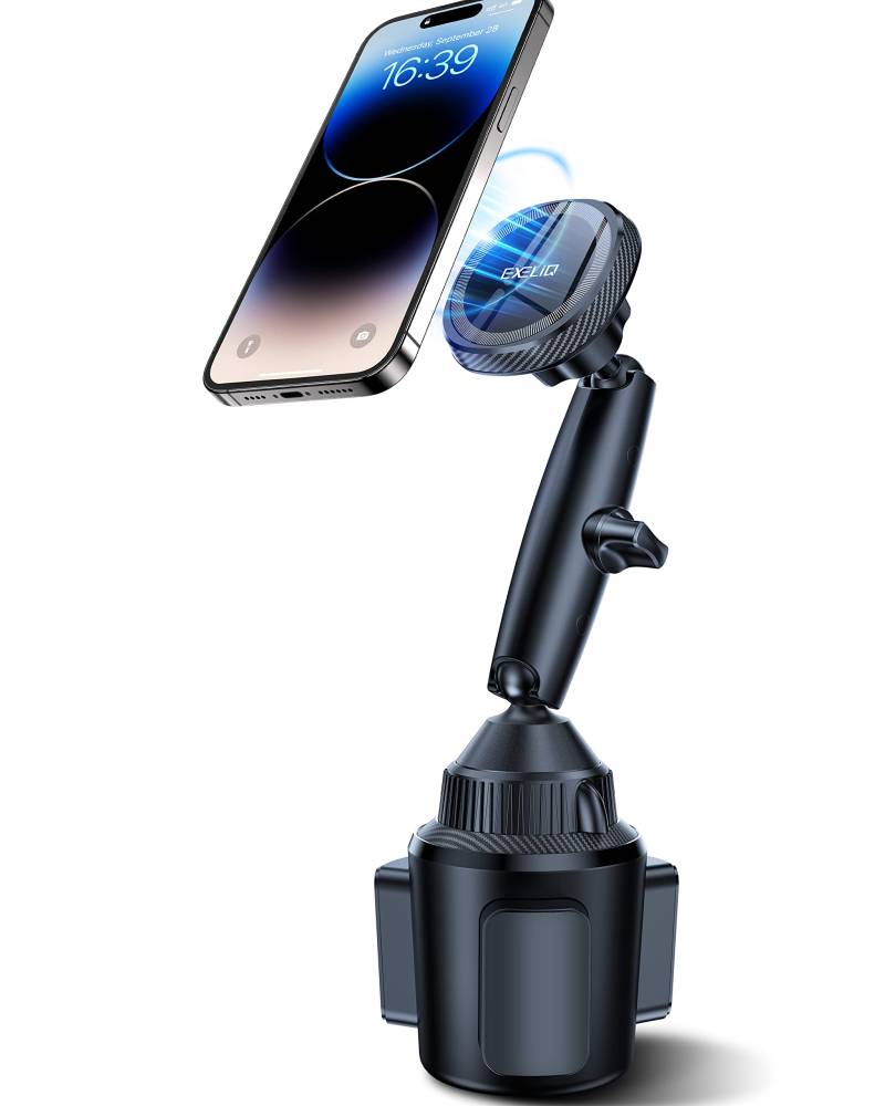 EXELIQ Magnetischer Getränkehalter Handyhalterung, 【Leistungsstarker Magnet】 Flexible Tri-Pivot Becherhalter für Auto, Tesla, kompatibel mit iPhone 14 13 12 Magsafe Hülle, Samsung und alle Handys von EXELIQ