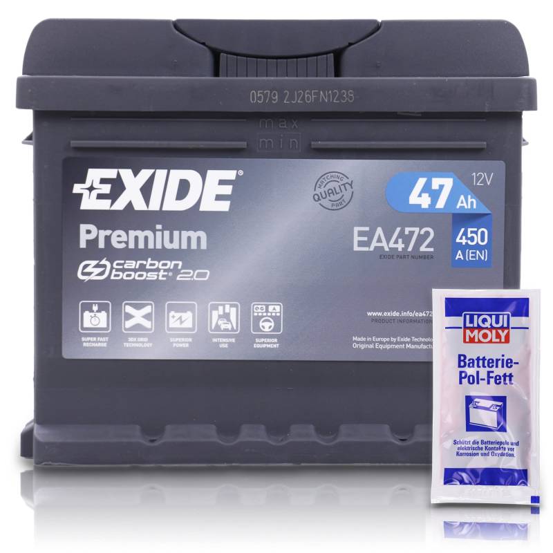 EXIDE EA472 Premium Carbon Boost Autobatterie 12V 47Ah 450A Starterbatterie PKW KFZ Batterie - Ersetzt 40Ah 41Ah 42Ah 44 + 1x Batteriepolfett von EXIDE