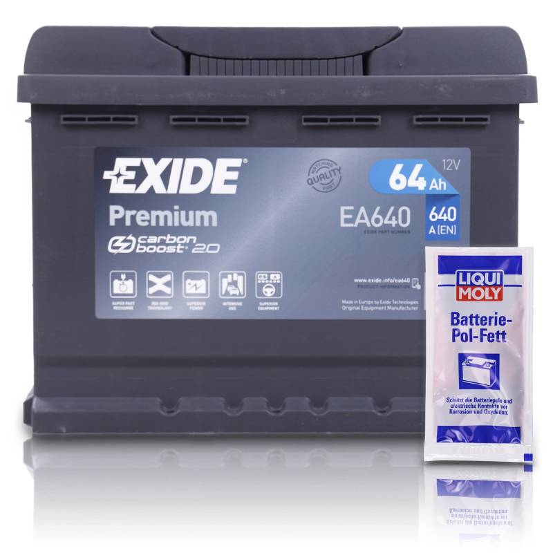 EXIDE EA640 Premium Carbon Boost Autobatterie 12V 64Ah 640A Starterbatterie PKW KFZ Batterie - Ersetzt 58Ah 60Ah 61Ah 62Ah 63Ah + 1x Batteriepolfett von EXIDE