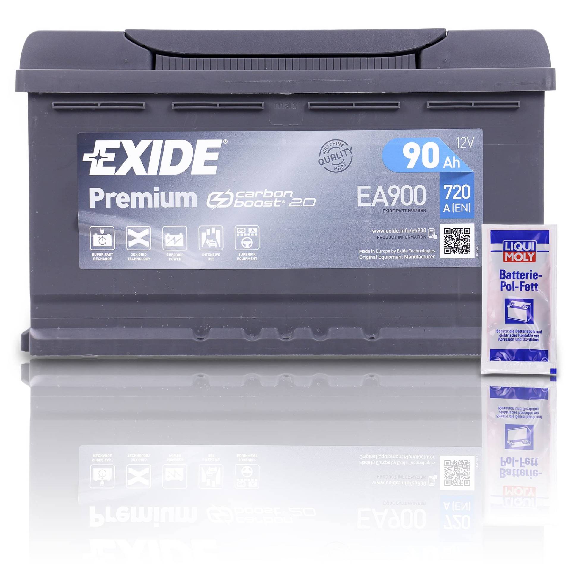 EXIDE EA900 Premium Carbon Boost Autobatterie 12V 90Ah 720A Starterbatterie PKW KFZ Batterie - Ersetzt 82Ah 84Ah 85Ah 87Ah 88Ah + 1x Batteriepolfett von EXIDE