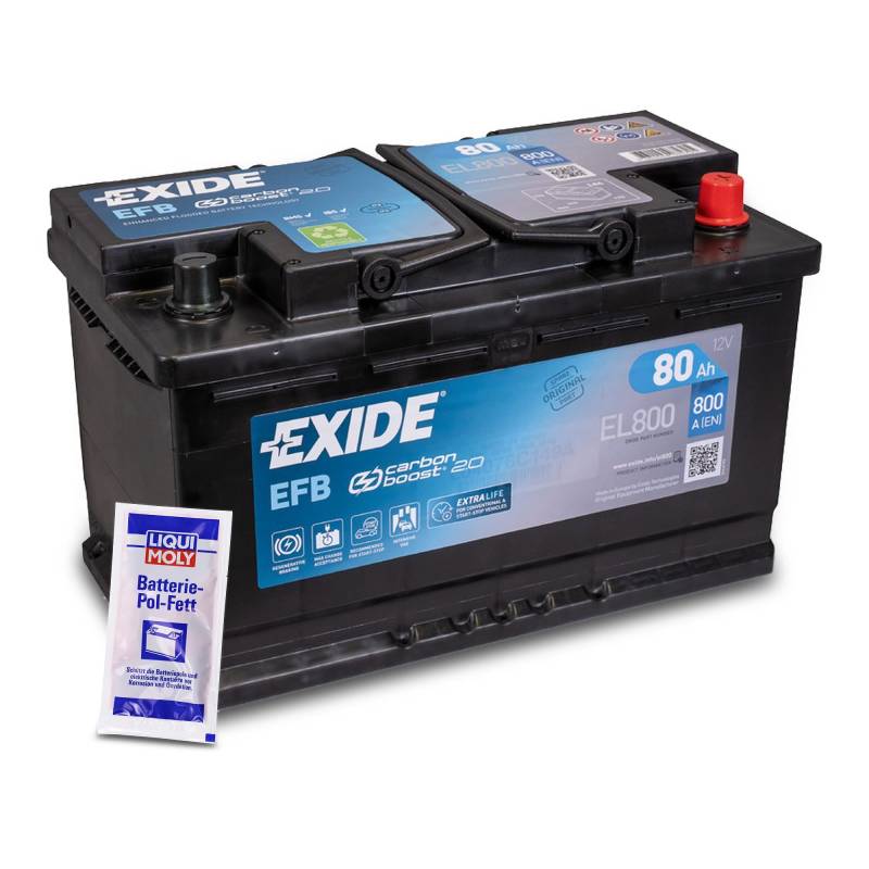 EXIDE EL800 Autobatterie AGM 12V 80Ah 720A Start-Stop EFB Starterbatterie PKW KFZ Batterie - Ersetzt 70Ah 72Ah 74Ah 75Ah 77Ah + 1x Batteriepolfett von EXIDE