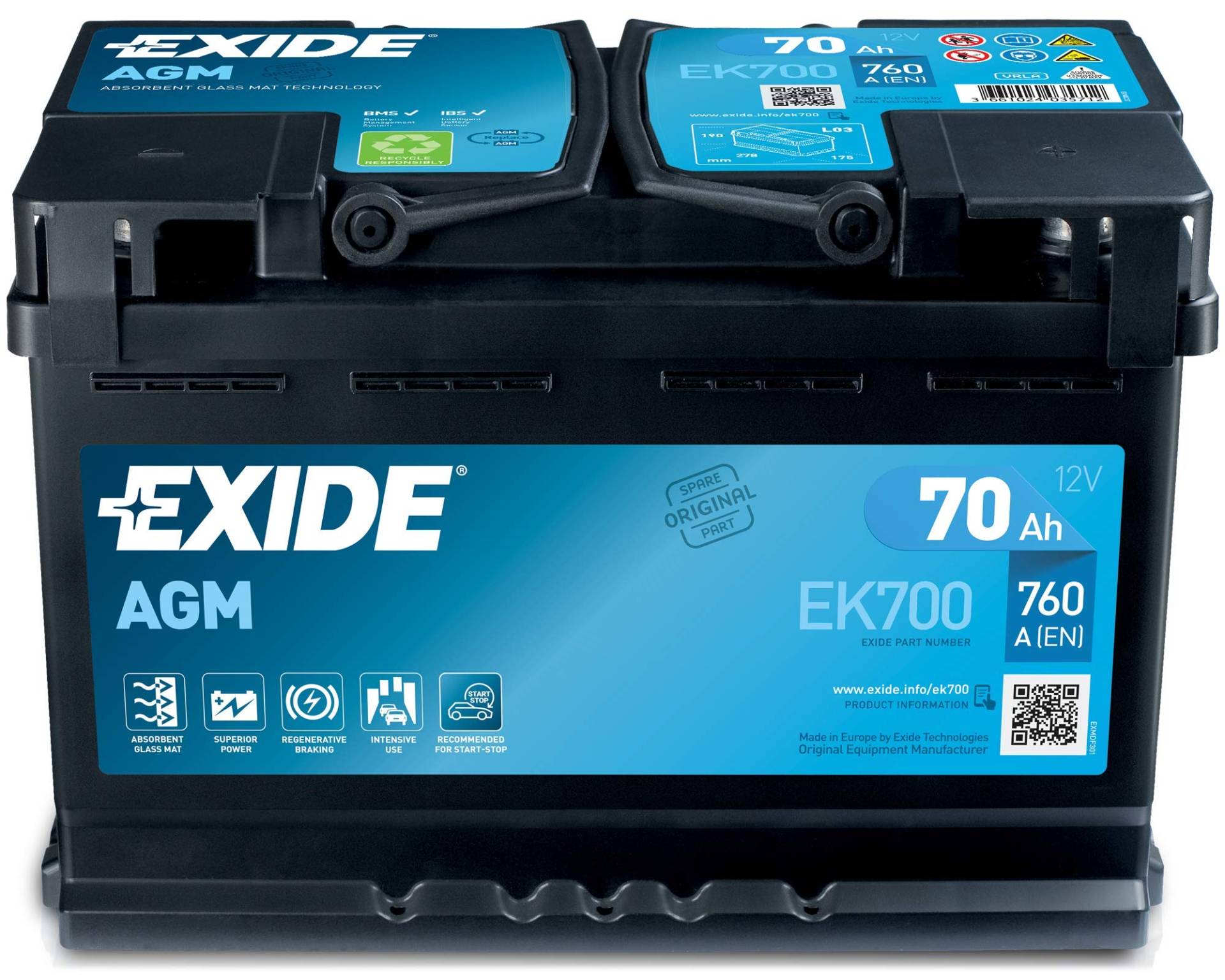 Exide 096 AGM Autobatterie, 70 Ah, AGM700 EK700 von Exide