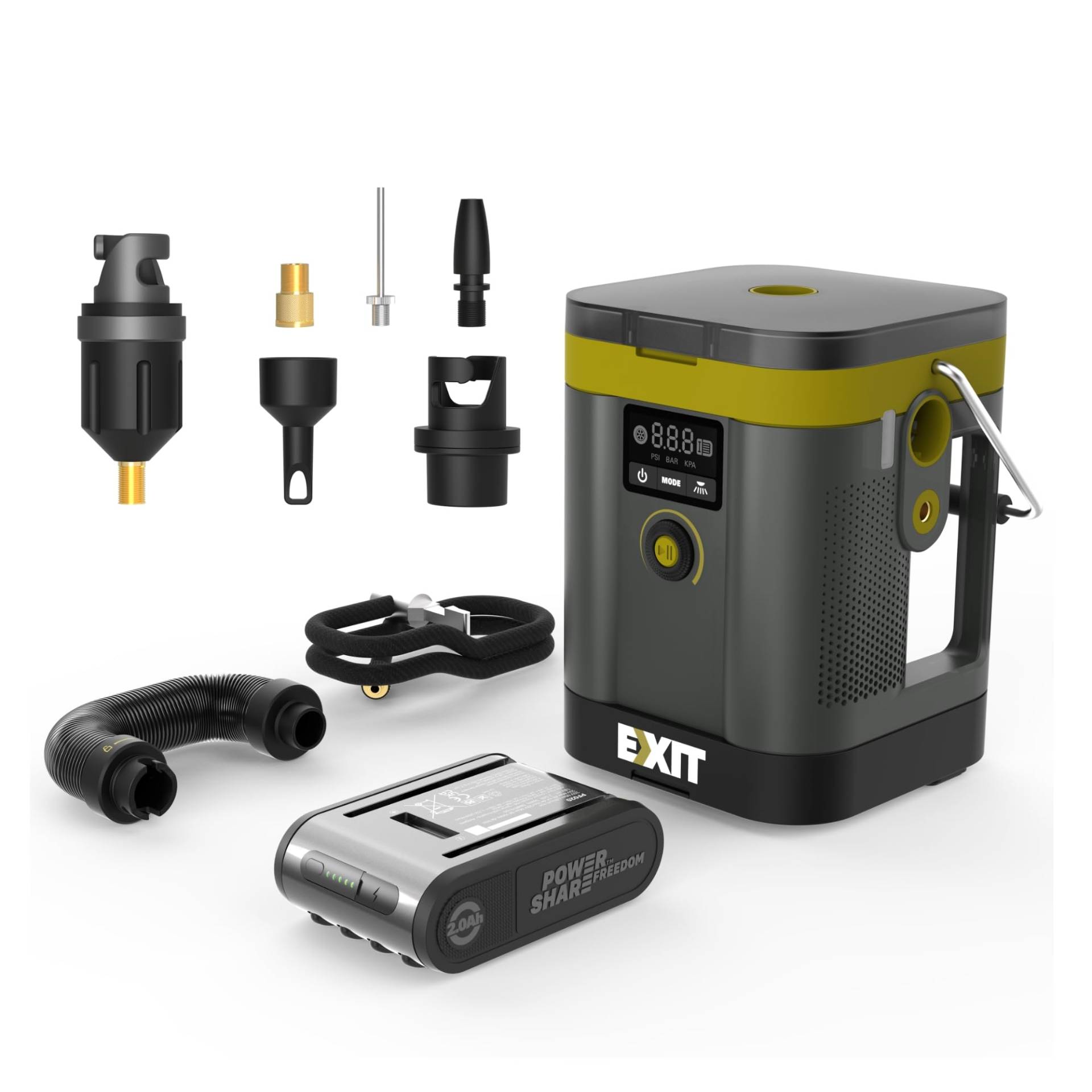 EXIT 20V elektrische Luftpumpe, 150 PSI Reifeninflator für Autoreifen, Entlüftungsfunktion, LED-Licht, digitalem Druckmesser, Fahrradpumpe, Sportbälle, SUP Pumpe, Batterie enthalten. von EXIT