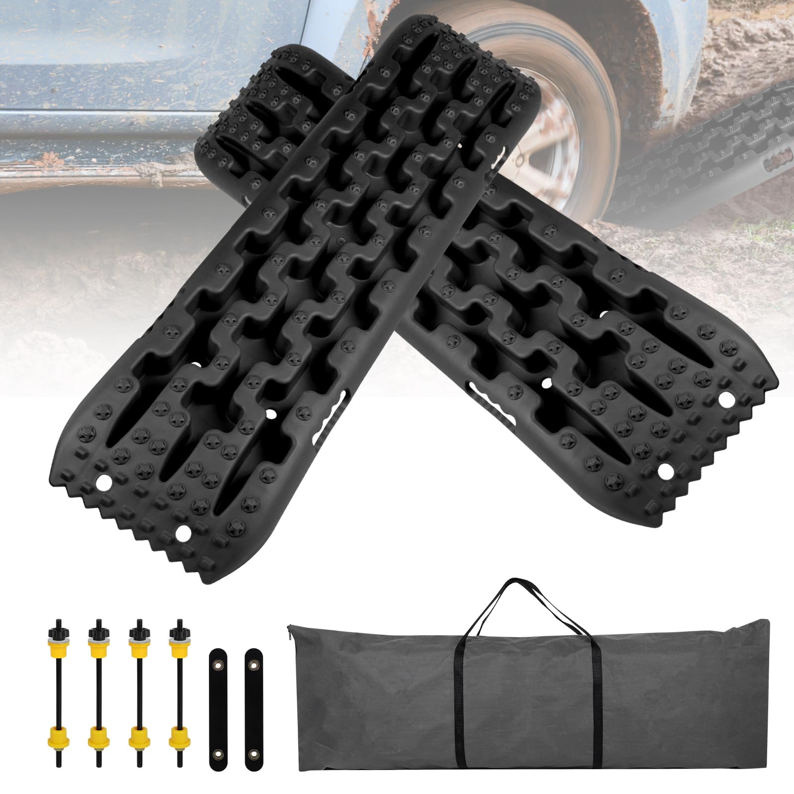 EXLECO 2er Sandbleche Wohnmobil Anfahrhilfe Offroad Zubehör Recovery Board Traktionshilfe Auffahrkeile mit Aufbewahrungstasche & Halterung PKW Anhänger Reifenleiter für Sand Schlamm Schnee Schwarz von EXLECO