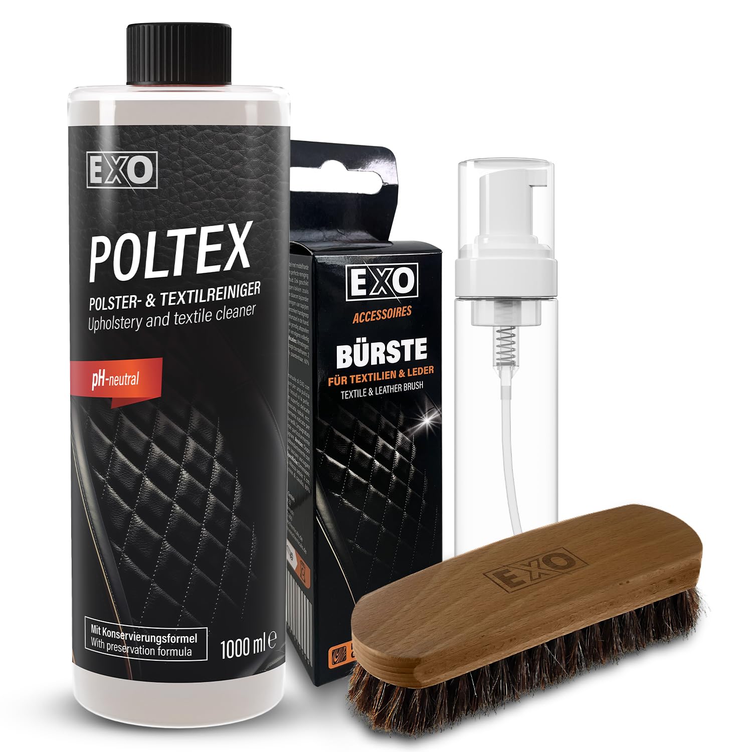 EXO® Textilreiniger POLTEX Set (1 Liter) mit 200 ml Foamer und Bürste | Textil- und Polsterreiniger für Teppiche, Autositze, Polstermöbel UVM. | für die Innenreinigung von EXO