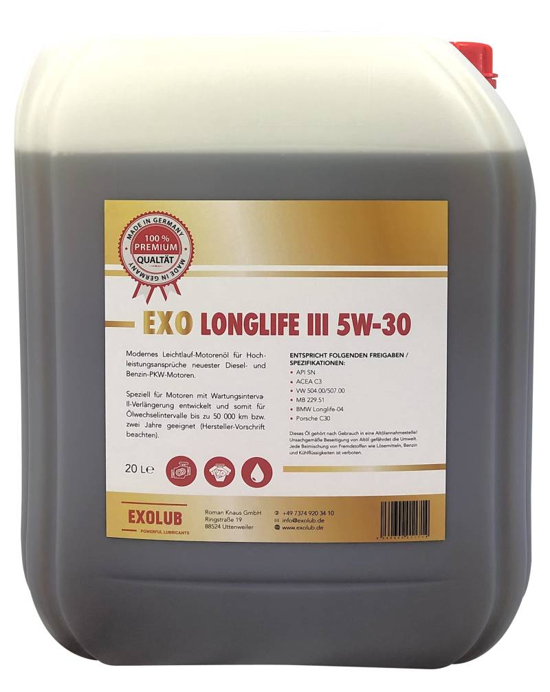 20 Liter EXO LongLife III 5W-30 Motorenöl von EXOLUB