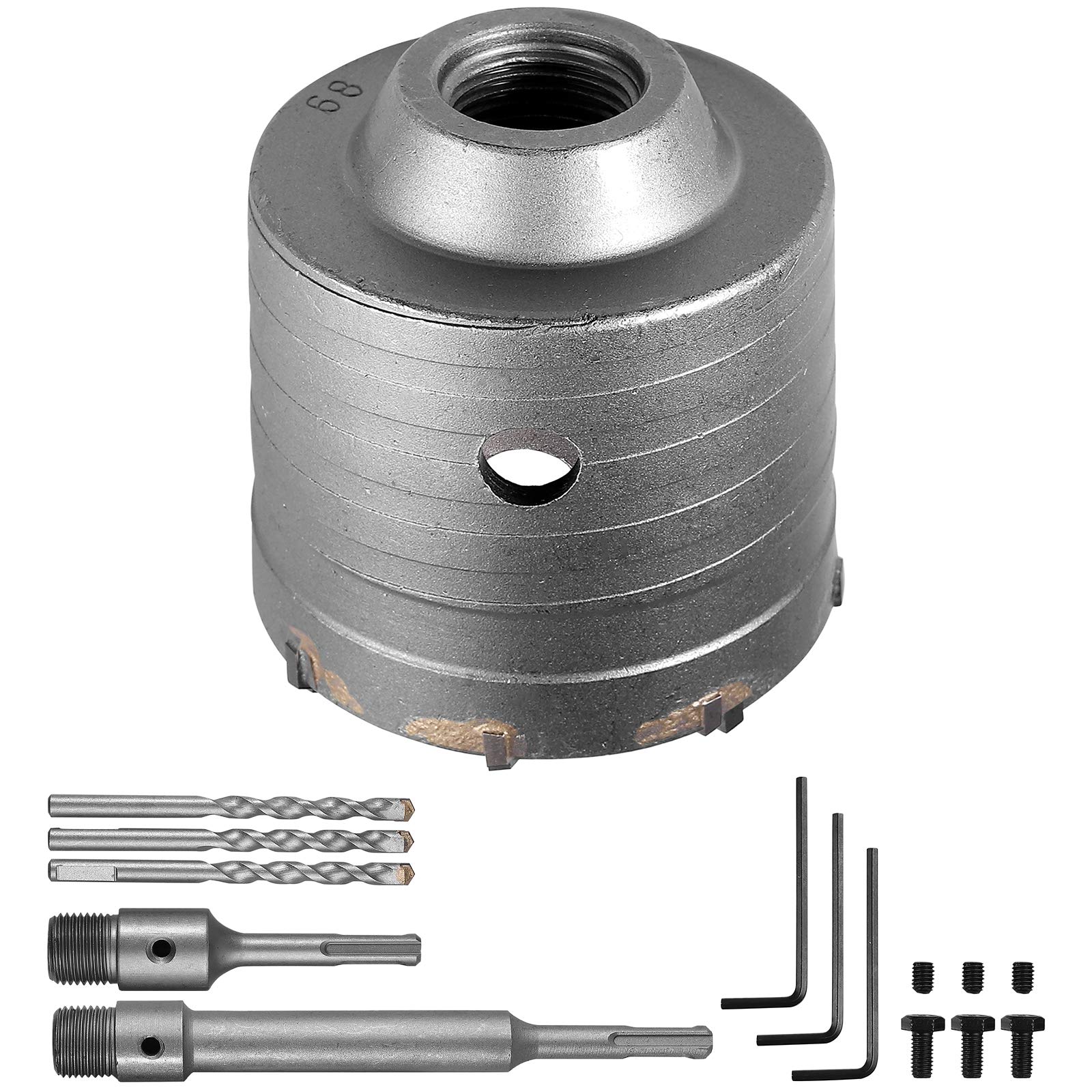 EypiNS Hartmetall Bohrkrone 68mm mit SDS Plus Adapter 110mm+200mm, Dosenbohrer mit 3x Zentrierbohrer Bohrkrone Steckdose 3x Sechskant Schlüssel 6x Schrauben, verstärkte Lochbohrer für Mauerwerk, Beton von EYPINS