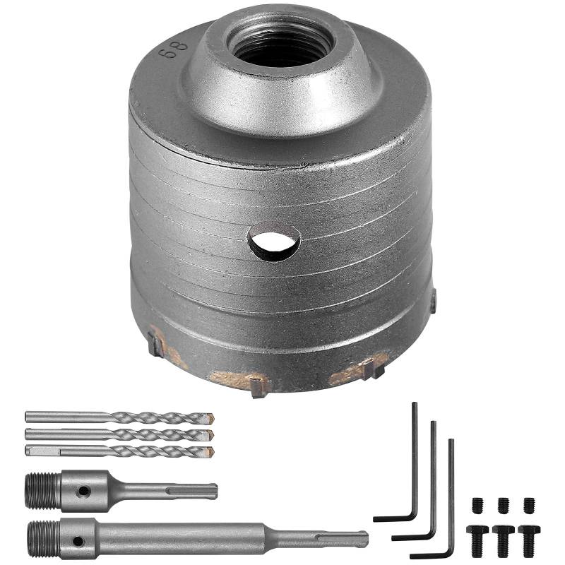 EypiNS Hartmetall Bohrkrone 68mm mit SDS Plus Adapter 110mm+200mm, Dosenbohrer mit 3x Zentrierbohrer Bohrkrone Steckdose 3x Sechskant Schlüssel 6x Schrauben, verstärkte Lochbohrer für Mauerwerk, Beton von EYPINS