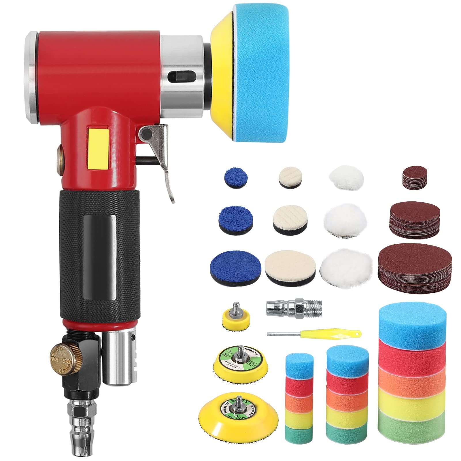 Mini Poliermaschine, Druckluft Polierer, EYPINS 25mm 50mm 75mm Exzenter schleifer Winkelschleifer mit 60X Schleifpapier 5X Polierschwamm 3X Polierpad, Polierset Polierteller Kit für Auto Möbeln Metall von EYPINS