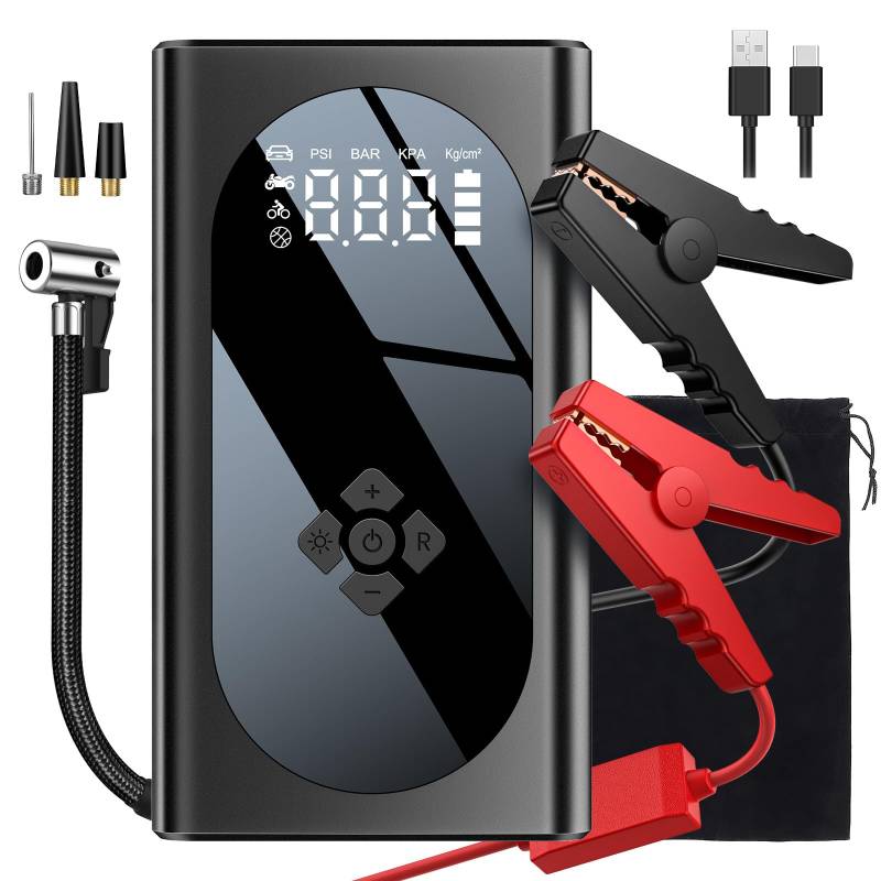 Starthilfe Powerbank 3000A Spitzstrom 29600mAh Tragbare Auto Starthilfe 12V mit Aufblasgerät, LED Taschenlampe, 12V Auto Batterie Booster Starter Powerbank für alle Benzin und 10,0L Diesel von EagerMinds