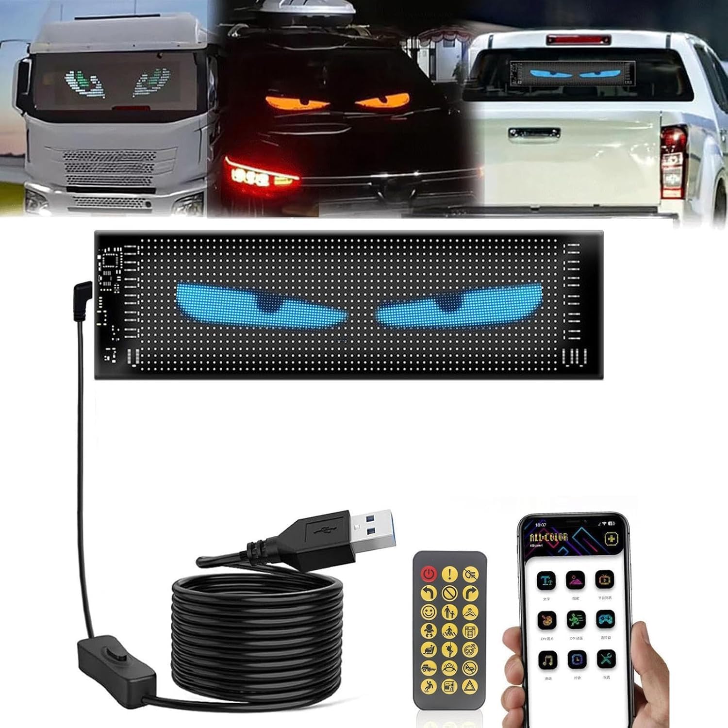 Teufelsaugen-Licht FüR Autos, Led Augen FüR Auto, Bunte Augenlampe Soft Screen FüR Autofenster, Led Augen FüR Autofenster, Diy Auto Dynamische Led Smart Bunte Augenlampe Soft Screen (100 mm X350 mm) von EagerMinds