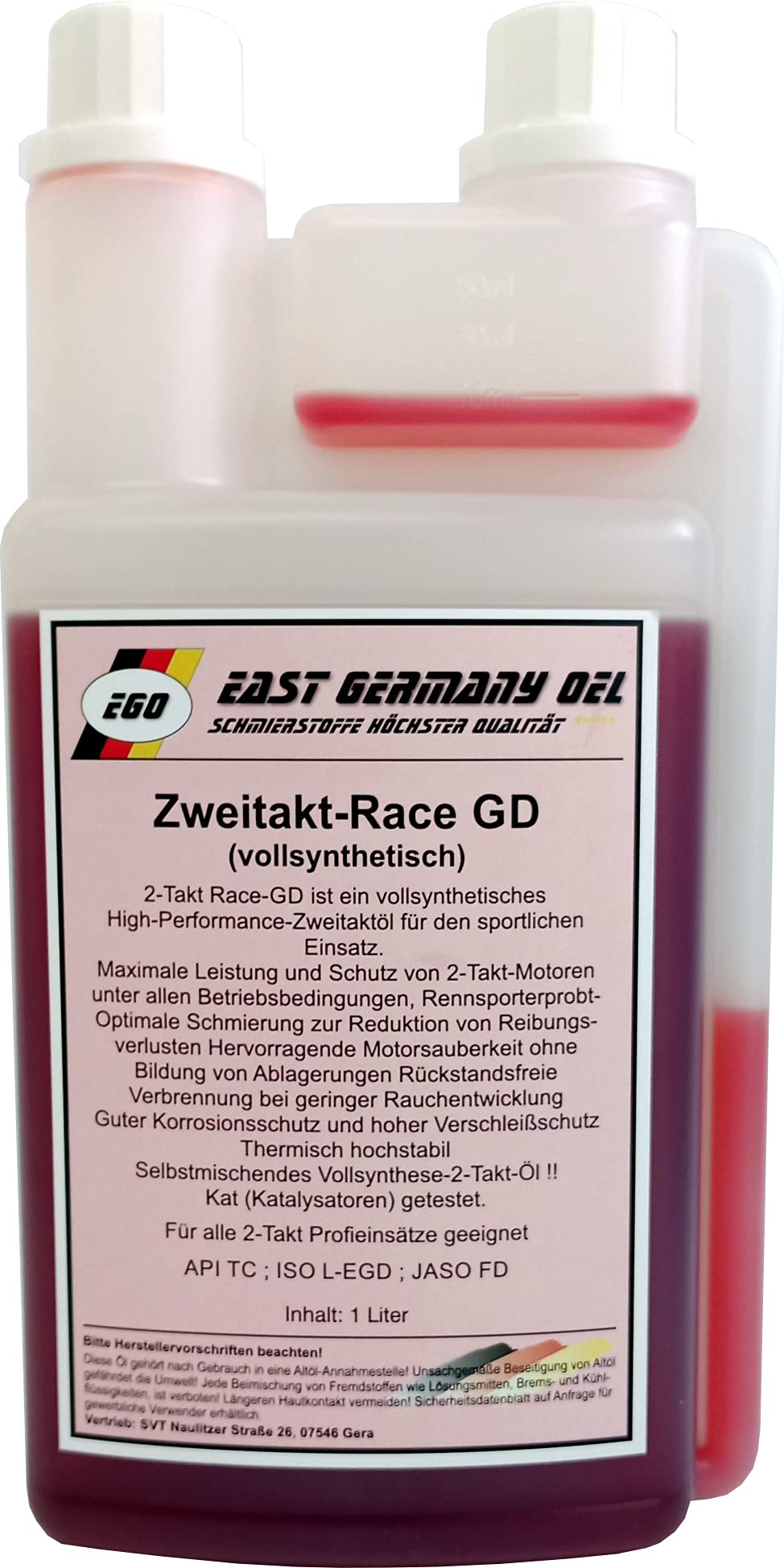 Zweitaktöl vollsynthetisch Dosierflasche 1 Liter Motocross,Enduro,Superbike,Zweitakt Power von East Germany OIL