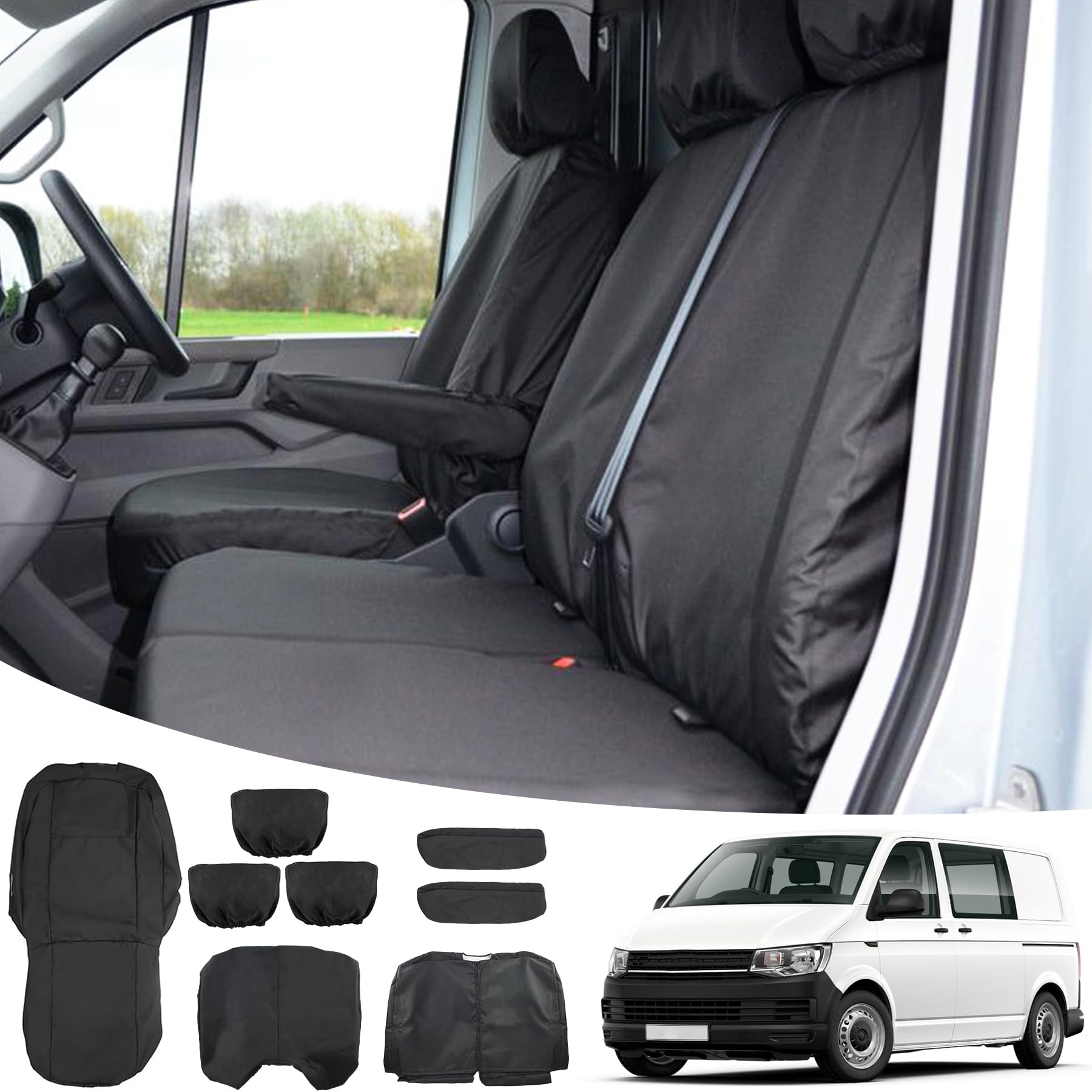 Easyhomie Sitzbezüge Kompatibel mit VW Transporter T5 T6 2003-2022 (3 Sitzer), 8 Stück Sitzschutzbezug-Set, Wasserdicht, Staubdicht & Kratzfest von Easyhomie