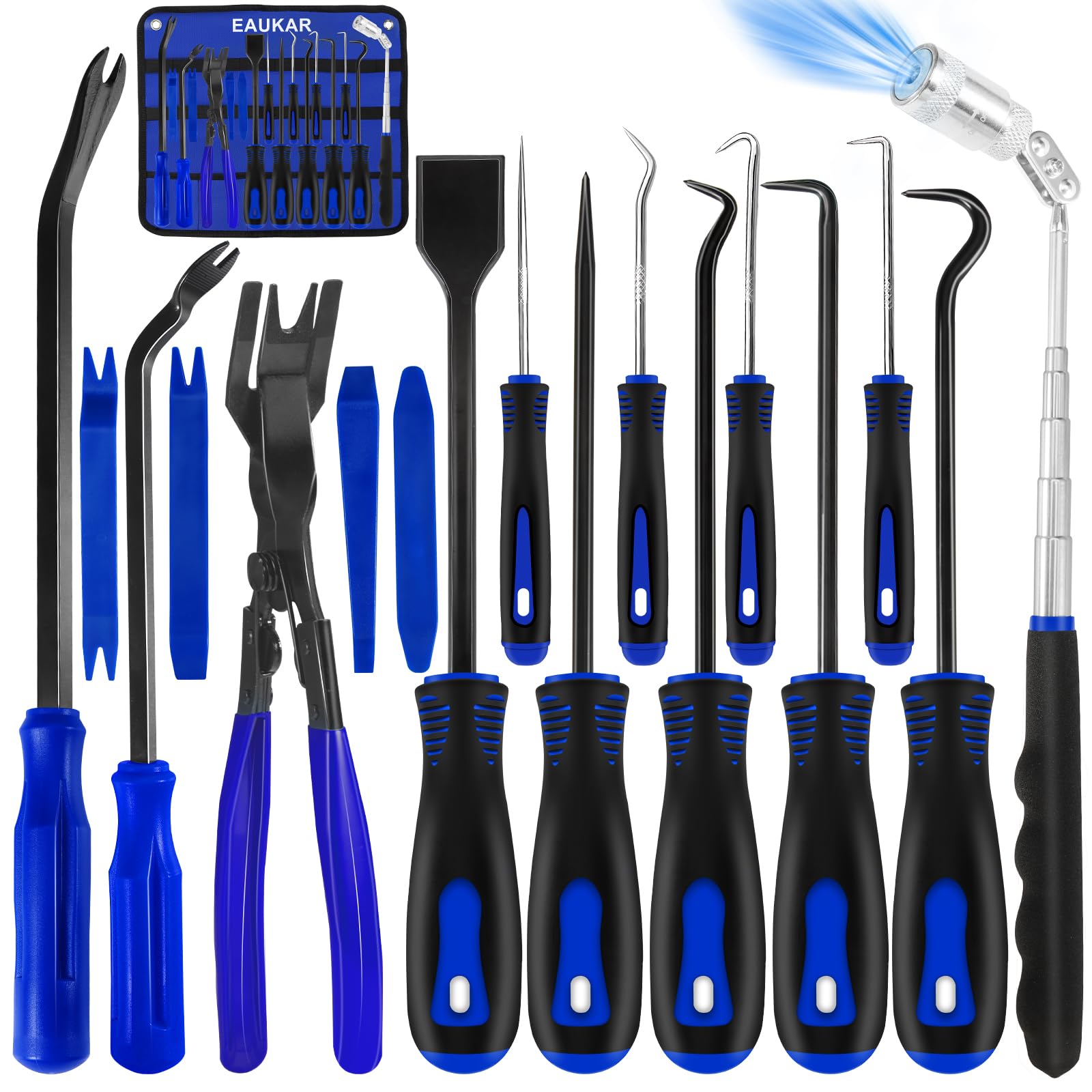 Eaukar 17Pcs Haken- und Pick-Werkzeugsatz mit Auto Clip Entfernungszange Nietenabzieher Mechaniker Werkzeugsatz zum Entfernen von Öldichtungen/O-Ring-Dichtungen Teleskopierbare Dichtungsschaber(Blau) von Eaukar