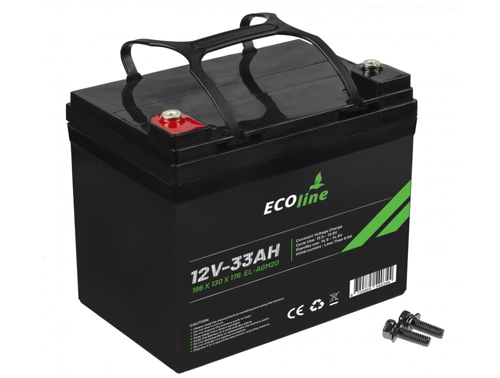 EcoLine – AGM 12 V 33 Ah – 33000 mAh VRLA-Batterie – 196 x 130 x 174 – Deep-Cycle-Batterie von EcoLine