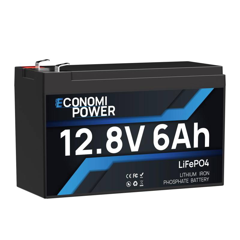 12V 6Ah LiFePO4 Batterie, 12V Akku Deep Cycle 5000+, Eingebautes 6A BMS, Home Backup Power für Kinderspielzeug, Power Wheels, Camping, Fish Finder und kleine UPS von EconomiPower