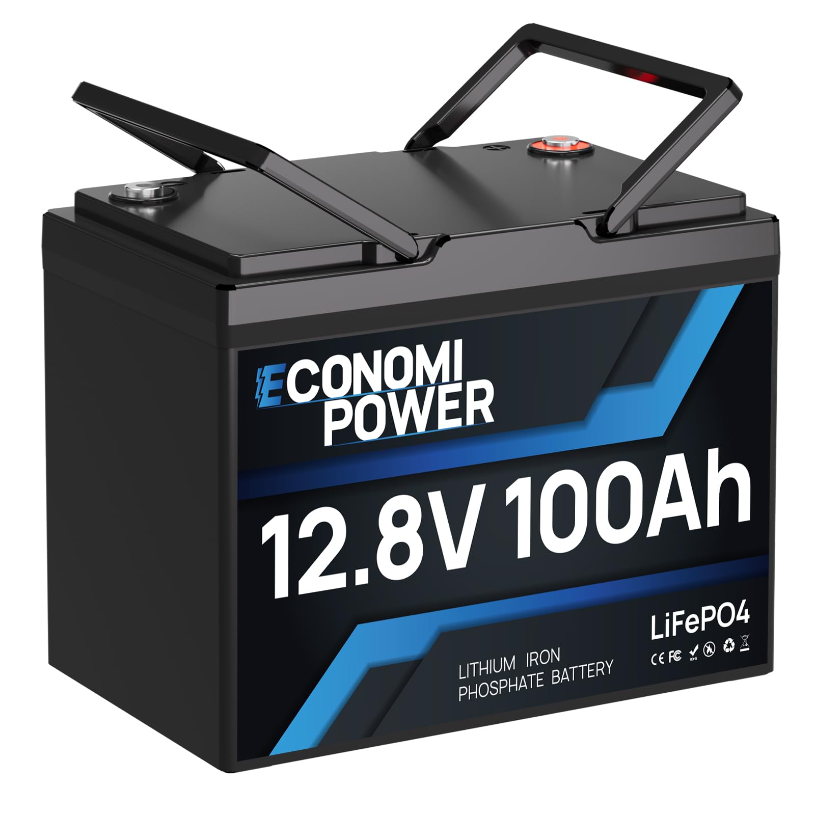 EconomiPower Lifepo4 100Ah 12V Lithium Batterie, 100A BMS 6000+ Deep Cycle Lithium Batterie, Max.1280Wh Energie für Trolling Motor, Wohnmobil, Camping, Schifffahrt, Solar und Off-Grid System von EconomiPower