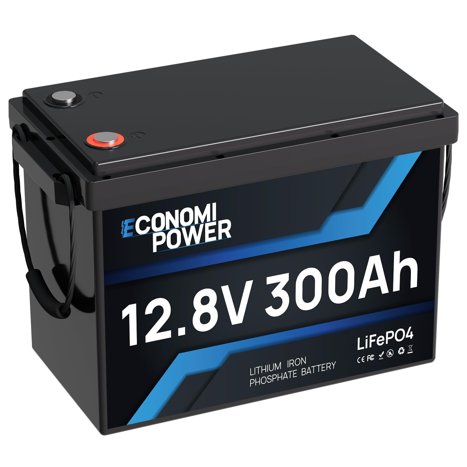 EconomiPower Lifepo4 300Ah Lithium Batterie mit BMS und 8000+ Tief-Zyklus, 3840 Wh Lithium-Batterie 12 V für Wohnmobil, Schifffahrt, Trolling-Motor, Off-Grid, Solaranlage von EconomiPower