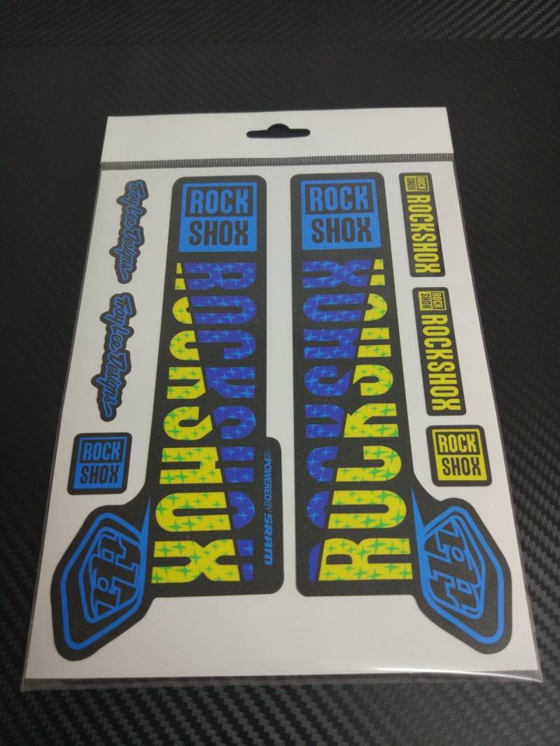 Ecoshirt QJ-P25M-FC28 Aufkleber Pg 55 Sticker Fork Rock Shox Pike SID Yari Lyrik Boxxer 2018 Aufkleber Sticker Gabel Troy Lee Desings Gelb Blau von Ecoshirt