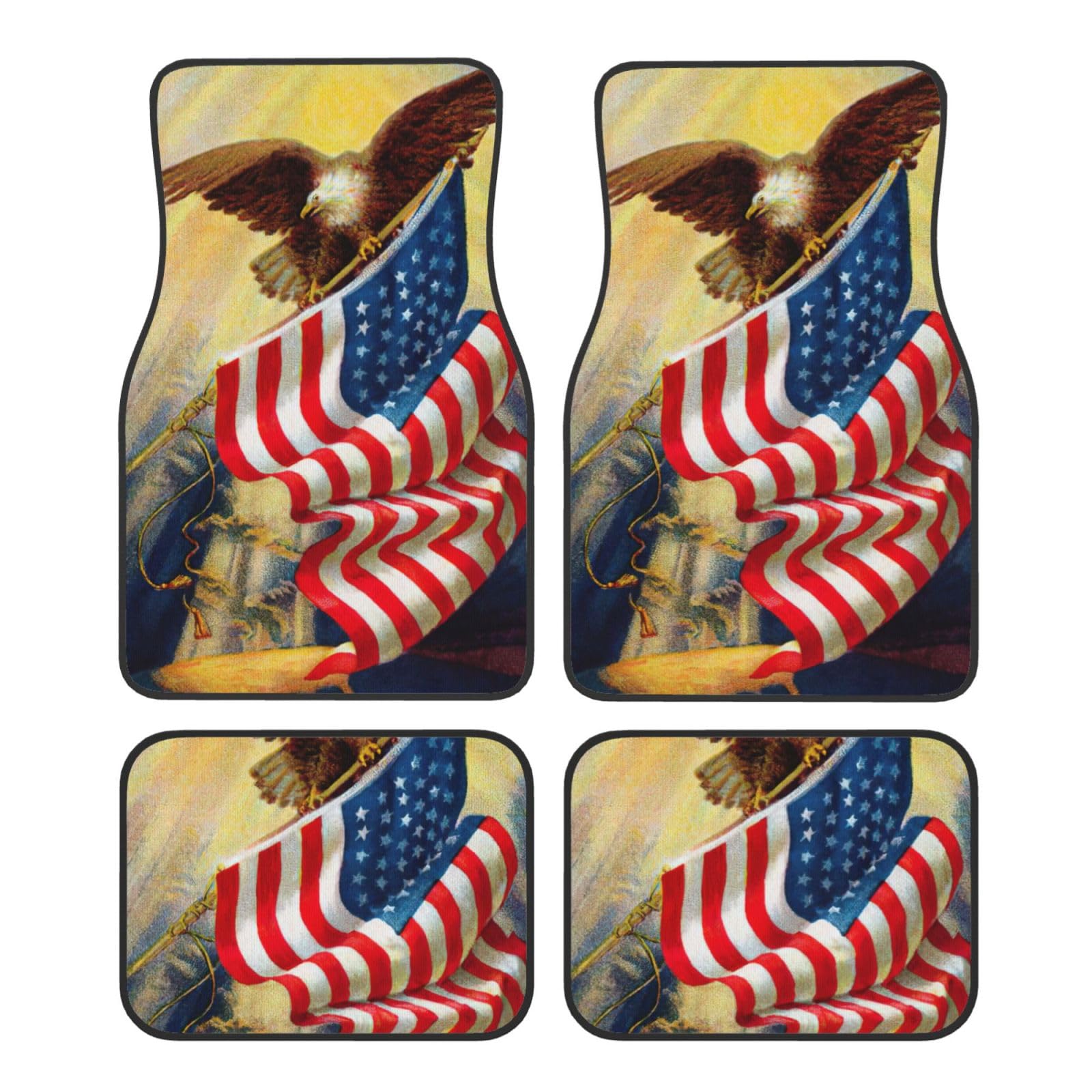 Automatten mit amerikanischer USA-Flagge, Adler, Kunstdruck, komplettes Set, universelle Passform, 4-teiliges Matten-Pad-Set, passend für die meisten Autos, LKWs, Lieferwagen, Limousinen, SUVs von EdWal