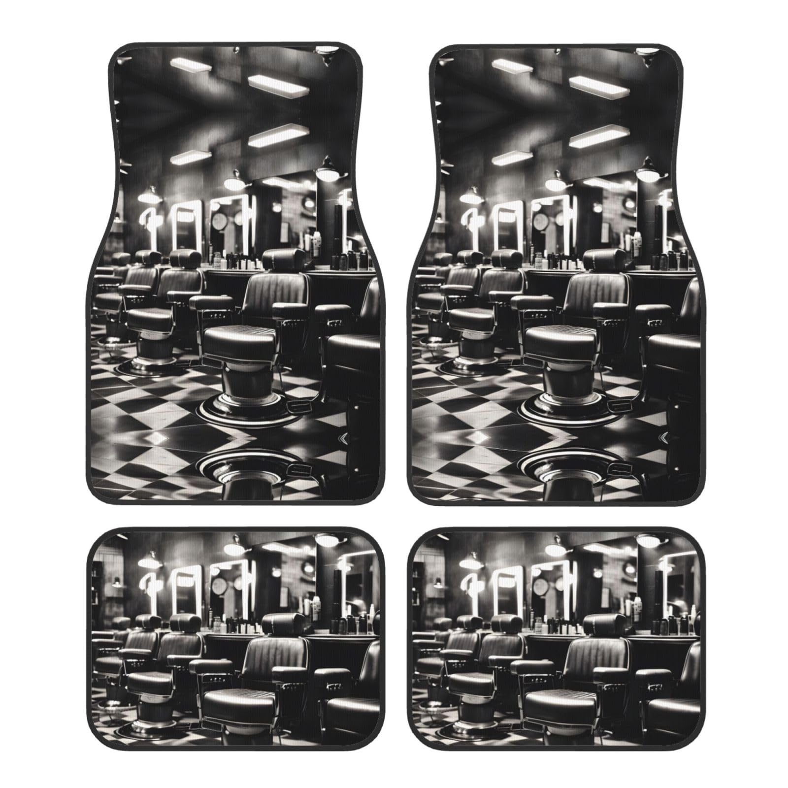 Barber Shop Monochromer Stil Druck Automatten Komplettes Set Universal Fit 4-teiliges Matten-Pad-Set passend für die meisten Autos, LKWs, Lieferwagen, Limousinen, SUVs von EdWal