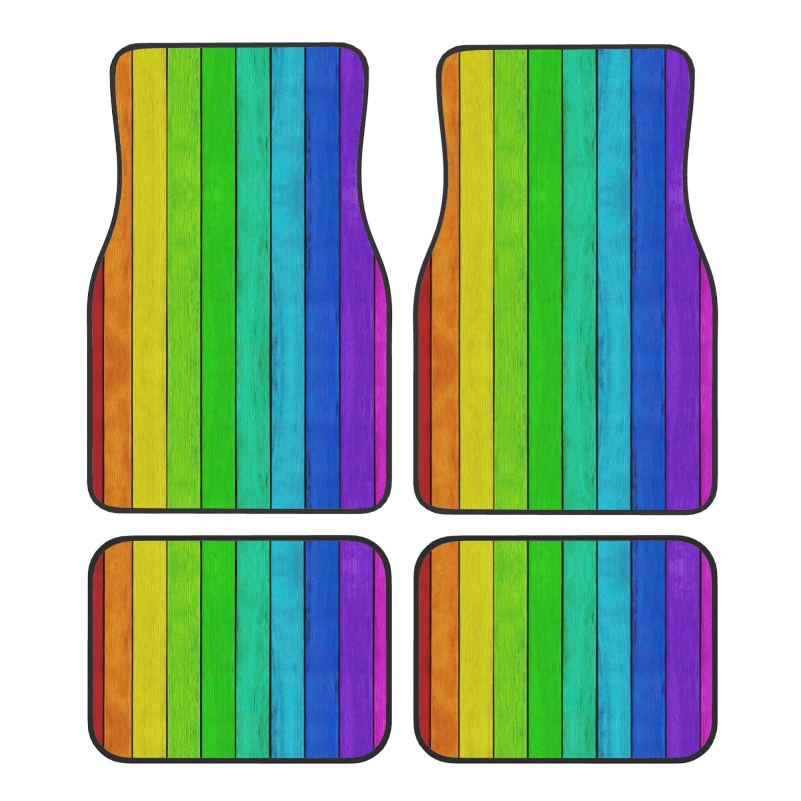 Fußmatten mit Holzhintergrund in Regenbogenfarben, komplettes Set, universelle Passform, 4-teiliges Matten-Pad-Set, passend für die meisten Autos, LKWs, Lieferwagen, Limousinen, SUVs von EdWal