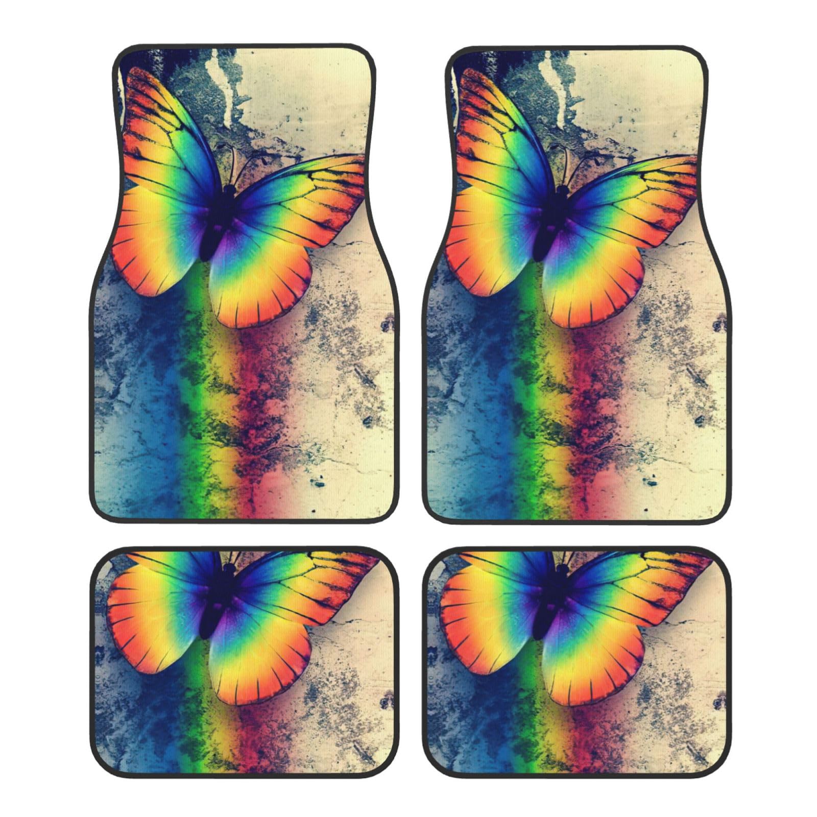 Fußmatten mit Regenbogen-Schmetterling-Druck, komplettes Set, universelle Passform, 4-teiliges Matten-Pad-Set, passend für die meisten Autos, LKWs, Lieferwagen, Limousinen, SUVs von EdWal