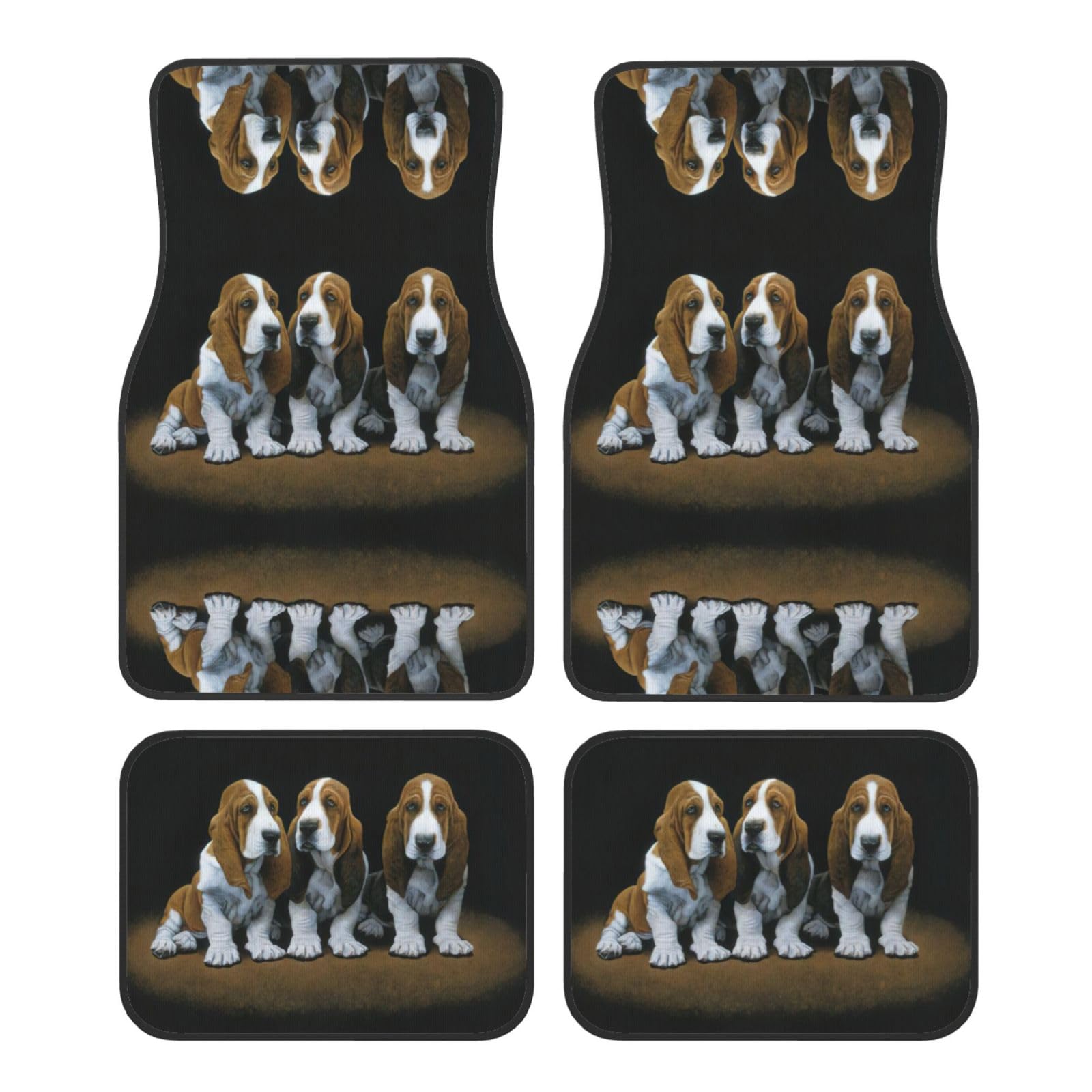 Fußmatten mit niedlichem Basset Hound Welpen-Druck, komplettes Set, universelle Passform, 4-teiliges Matten-Pad-Set, passend für die meisten Autos, LKWs, Lieferwagen, Limousinen, SUVs von EdWal