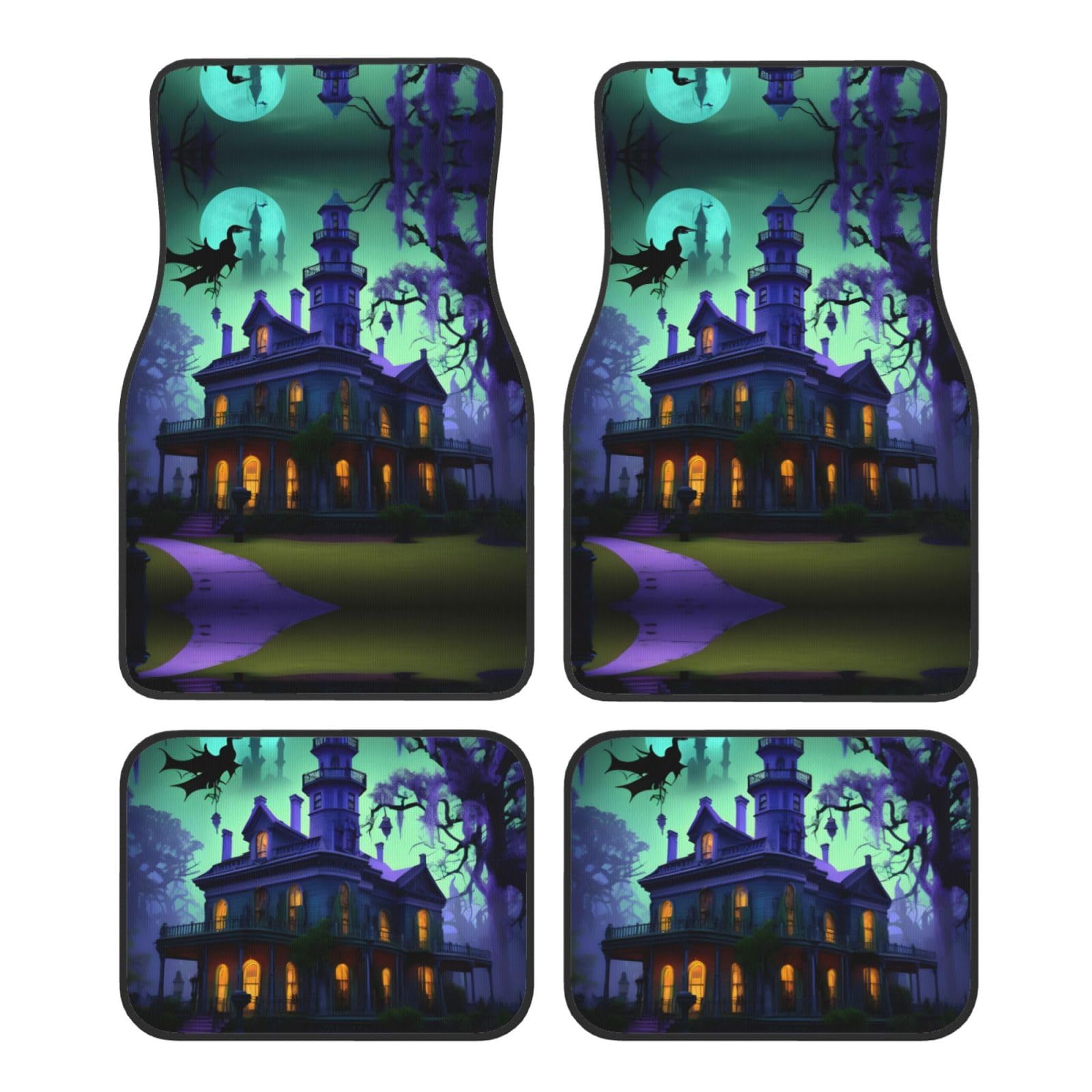 Schwarze Automatten mit Haunted Mansion-Druck, komplettes Set, universelle Passform, 4-teiliges Matten-Pad-Set, passend für die meisten Autos, LKWs, Lieferwagen, Limousinen, SUVs von EdWal