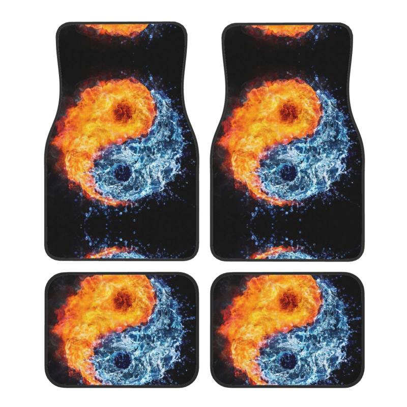 Yin-Yang-Feuerwasser-Druck-Fußmatten, komplettes Set, universelle Passform, 4-teiliges Matten-Pad-Set, passend für die meisten Autos, LKWs, Lieferwagen, Limousinen, SUVs von EdWal