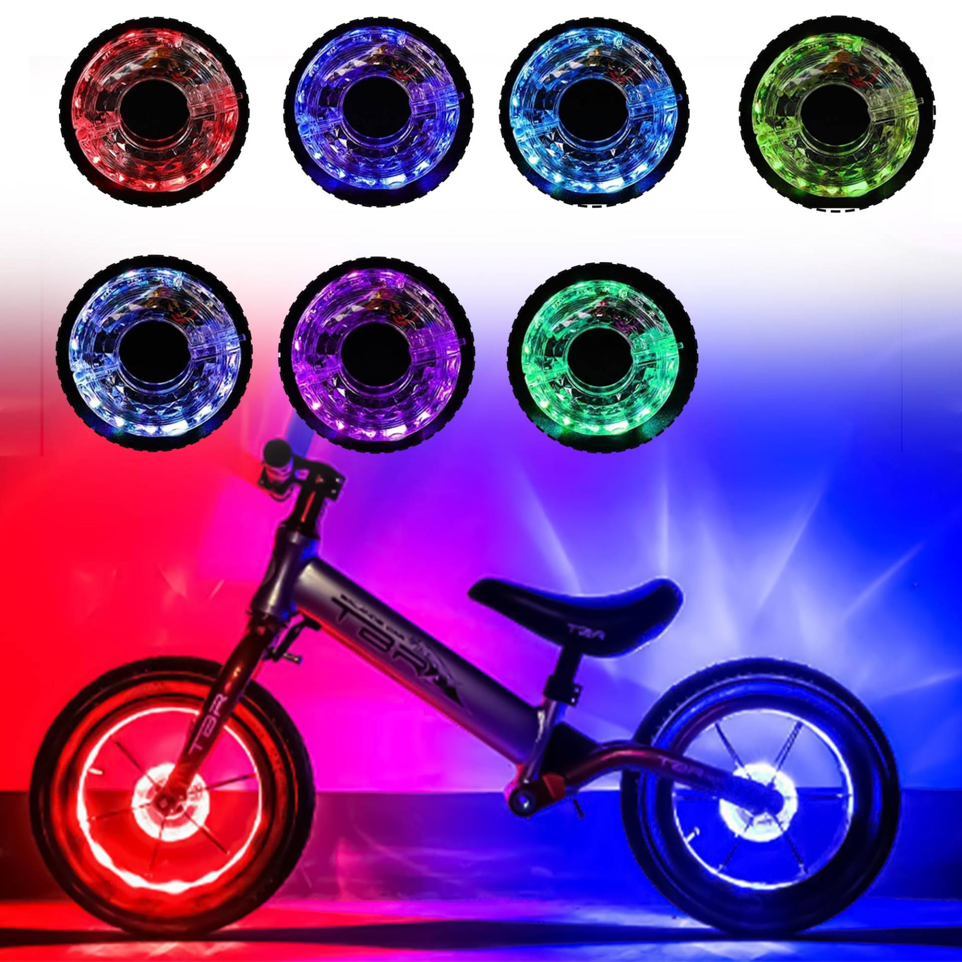 Editbar 2 Stück USB Aufladbare Fahrrad LED Radnabenlichter, Kinder Balance Scooter LED Radnabenlichter, IP65 wasserdichte Speichenlichter mit 7 Farben, 18 Lichtmodi & Smart Induction von Editbar