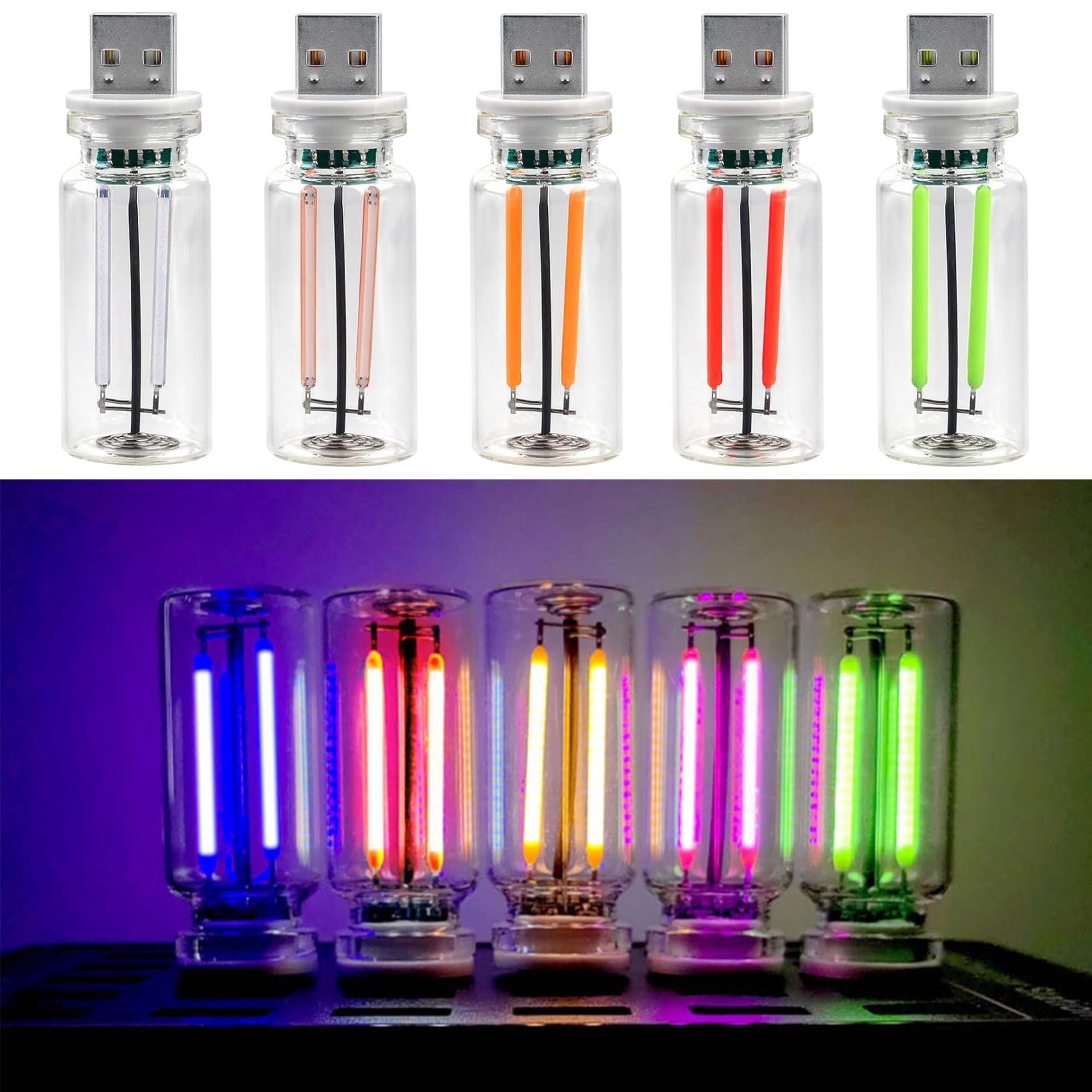 5 Stück USB Auto LED Innenbeleuchtung,Retro-Inspired Interior Mood Lamps,Kreative Glasflasche USB Lampe,LED Auto Innenraum Umgebungsatmosphäre Lichter,USB Touch Night Light für Autos und Laptops von Editbar