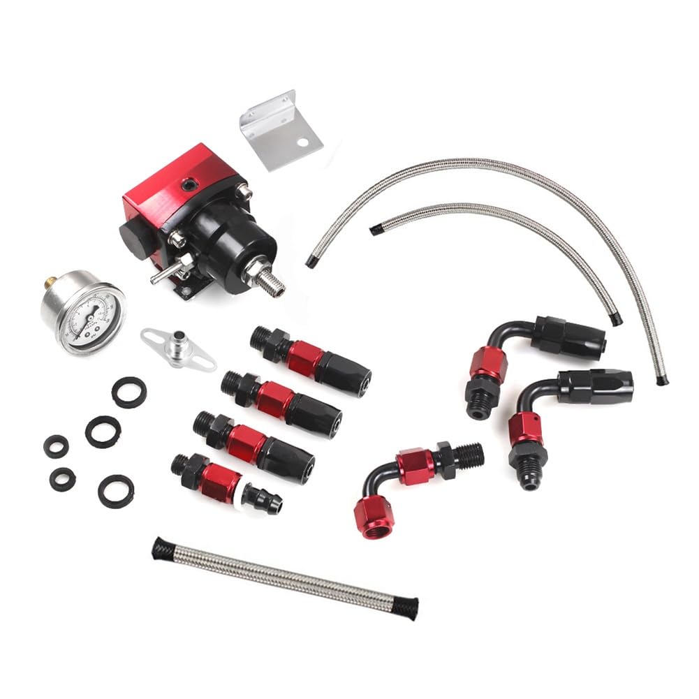 Eeuye Universell Einstellbarer Kraftstoffdruckregler mit Manometer + AN6-Kraftstoffleitungsschlauch + Anschlussstück-Endstück-Kit von Eeuye